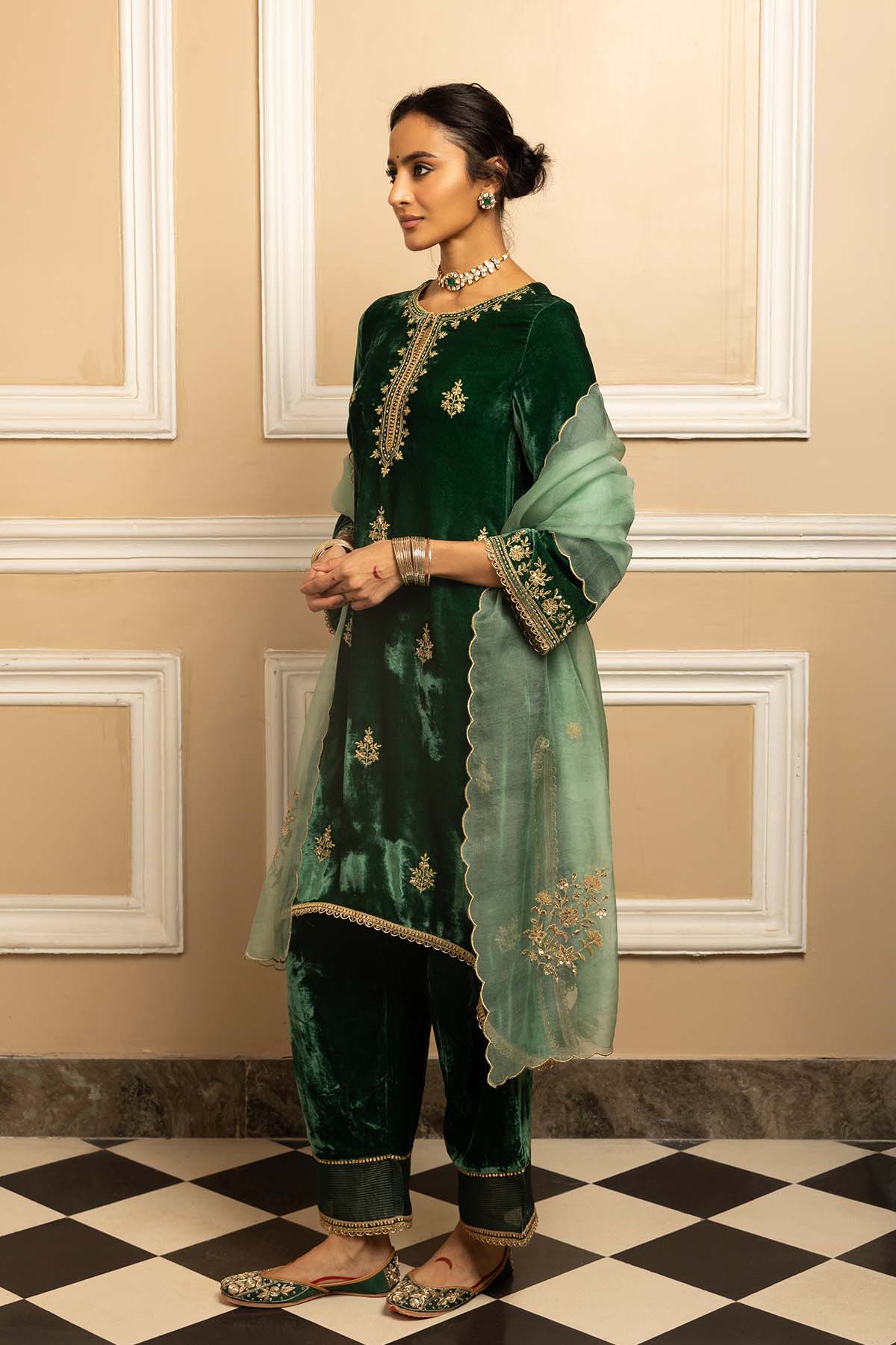 Green Silk Velvet Kurta Set