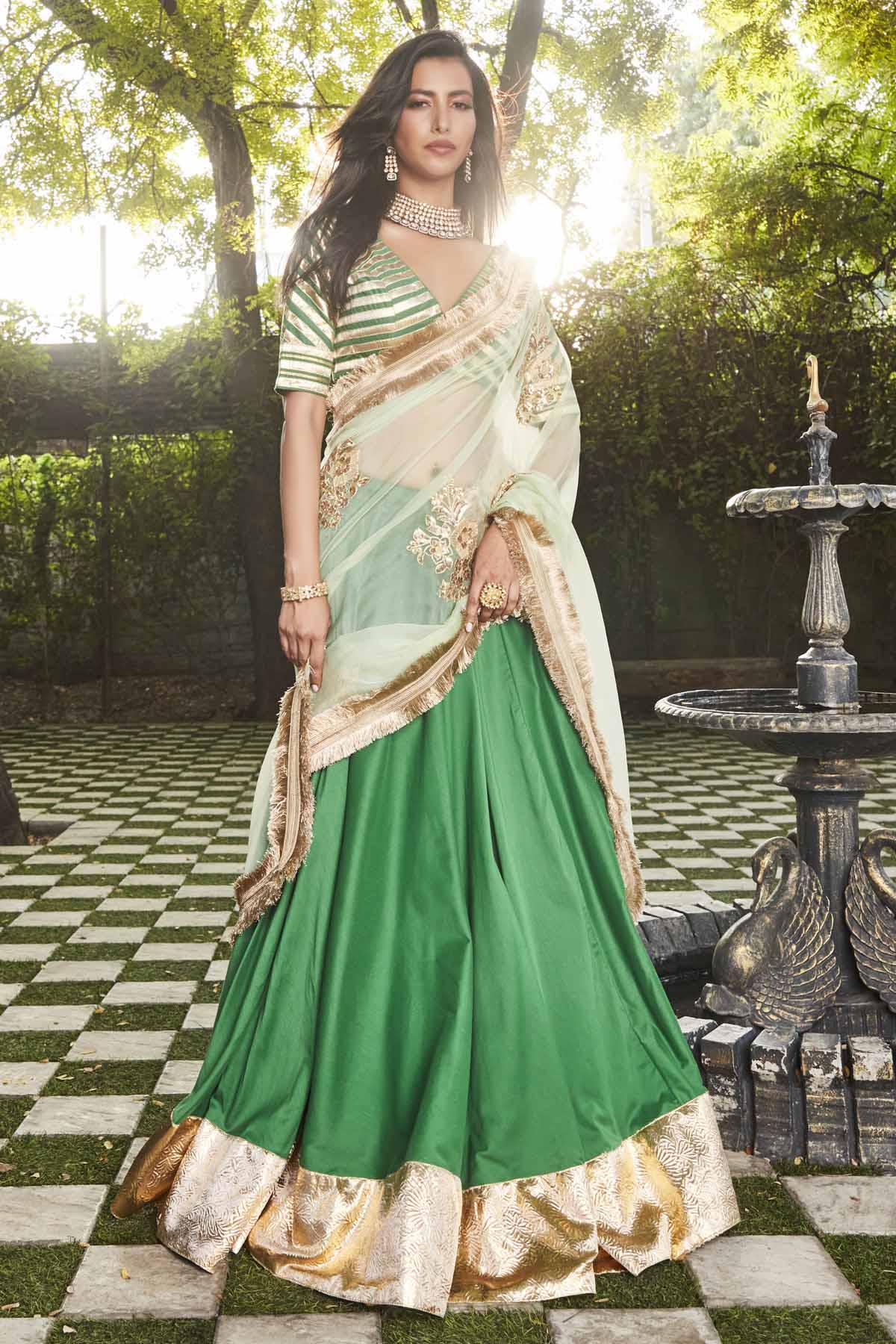 Designer Ranian Green lehenga set with gota embroidered silk lehenga, blouse with a back hook and zip and mint green dupatta with zardosi zari boota all over For women Online at ScrollnShops