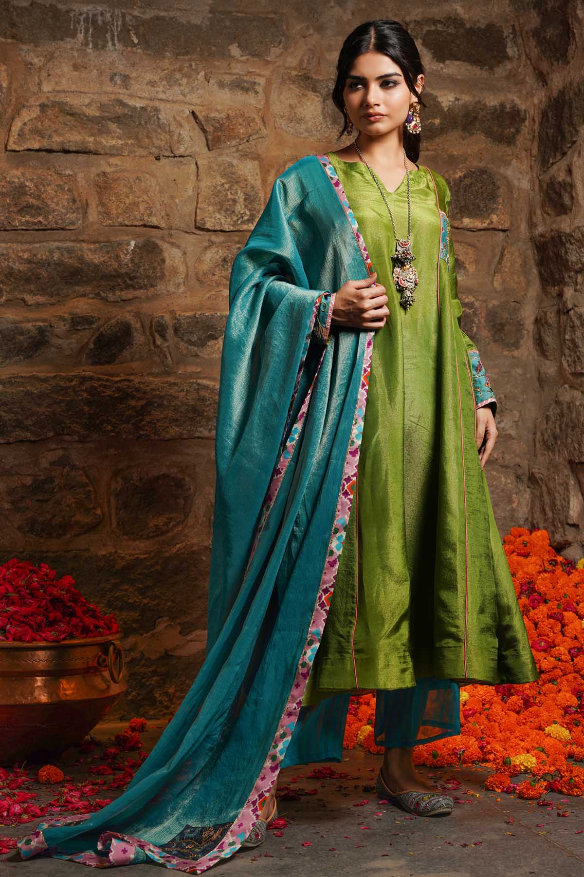 Seharre Green Silk Zari Tissue Kurta Set for women online at ScrollnShops