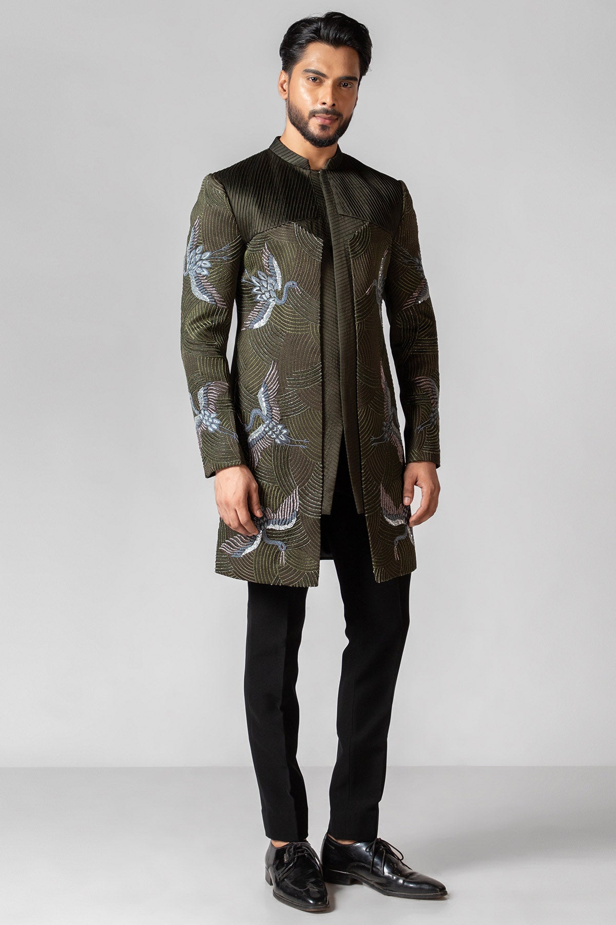 Buy Green Silver Birds Achkan Set for men by Paarsh Atelier online available at scrollnshops