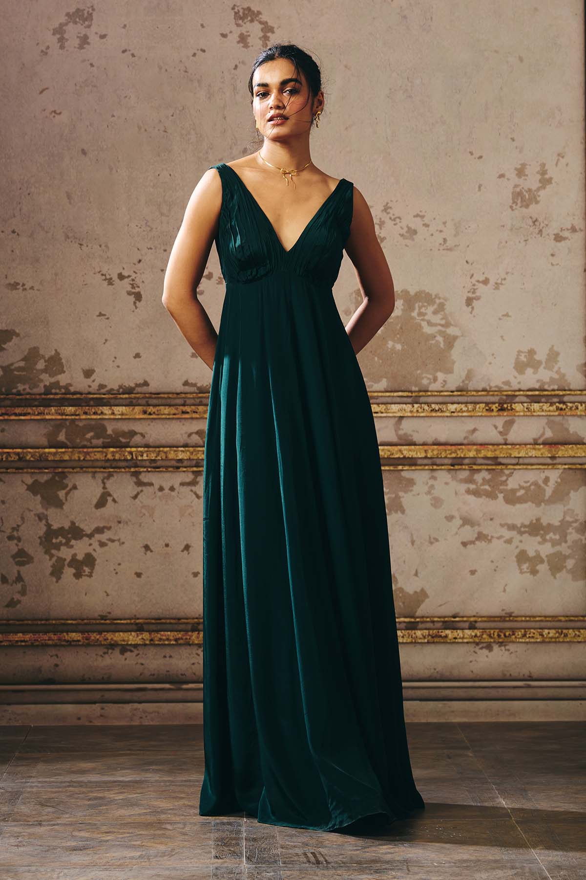 Buy Green Sleeveless Deep Neck Gown by Masumi Mewawalla for women online at ScrollnShops