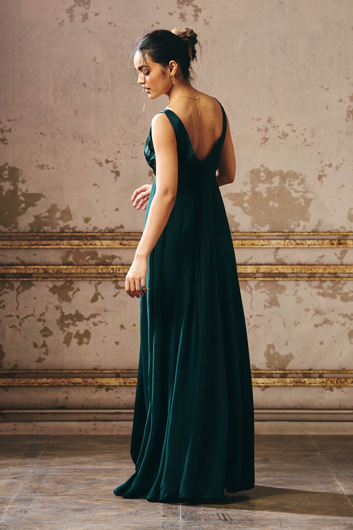 Green Sleeveless Deep Neck Gown