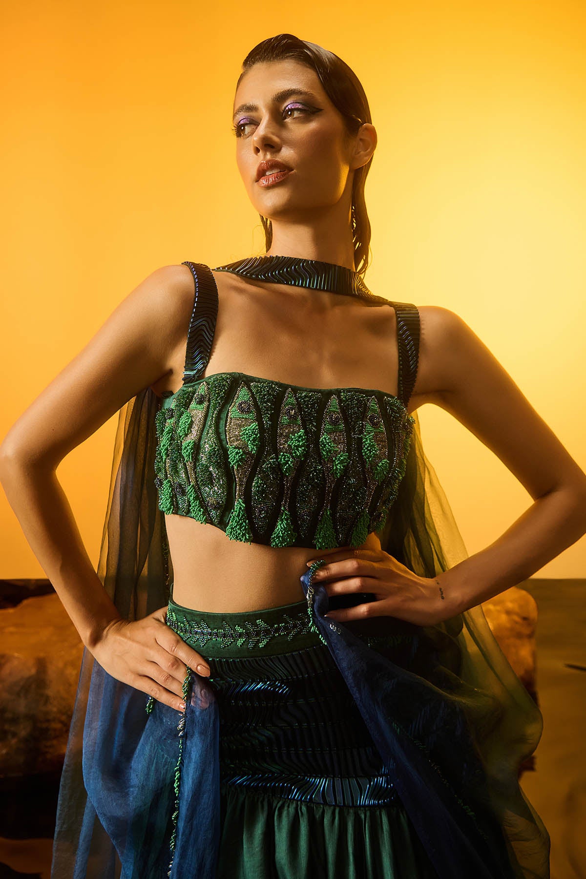 Green Sleeveless Lehenga Set