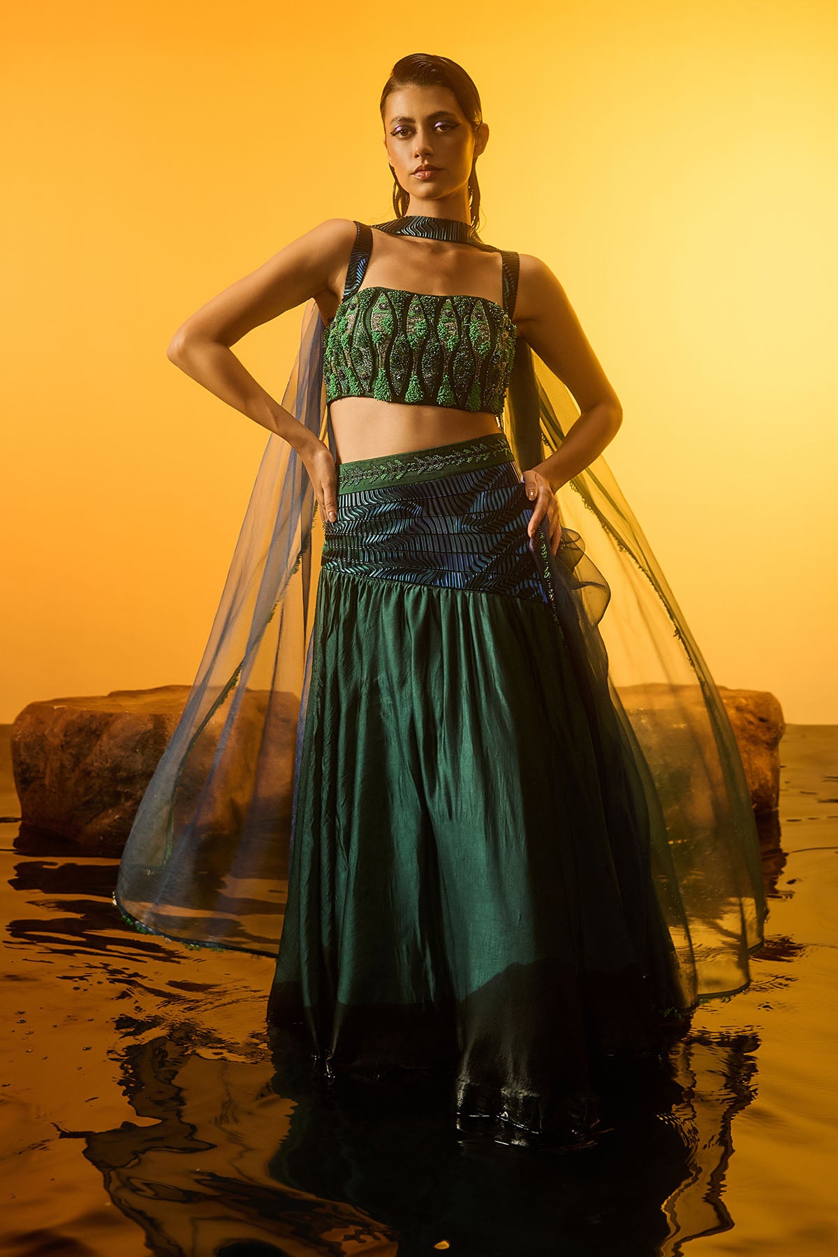 Green Sleeveless Lehenga Set