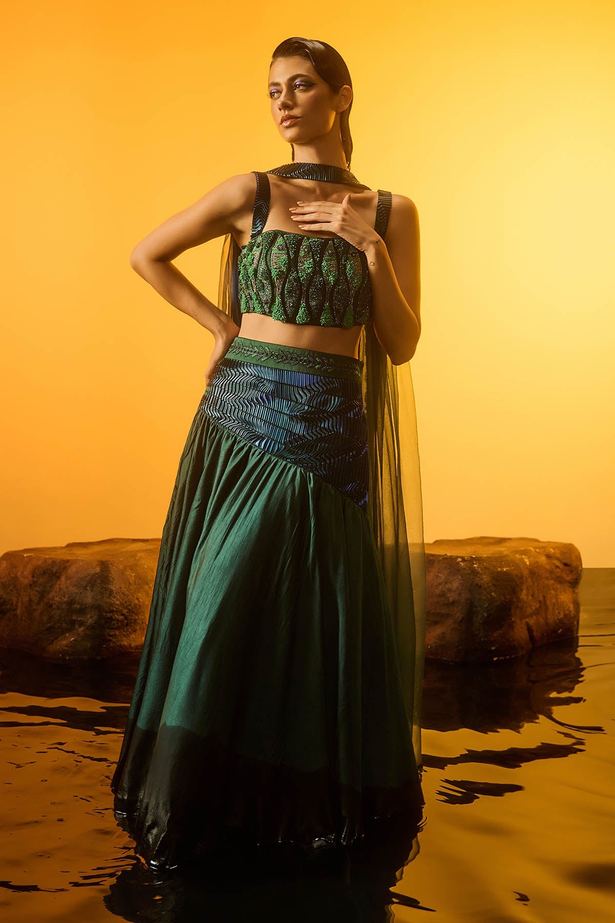 Buy Green Sleeveless Lehenga Set by Asaaye for women online at ScrollnShops