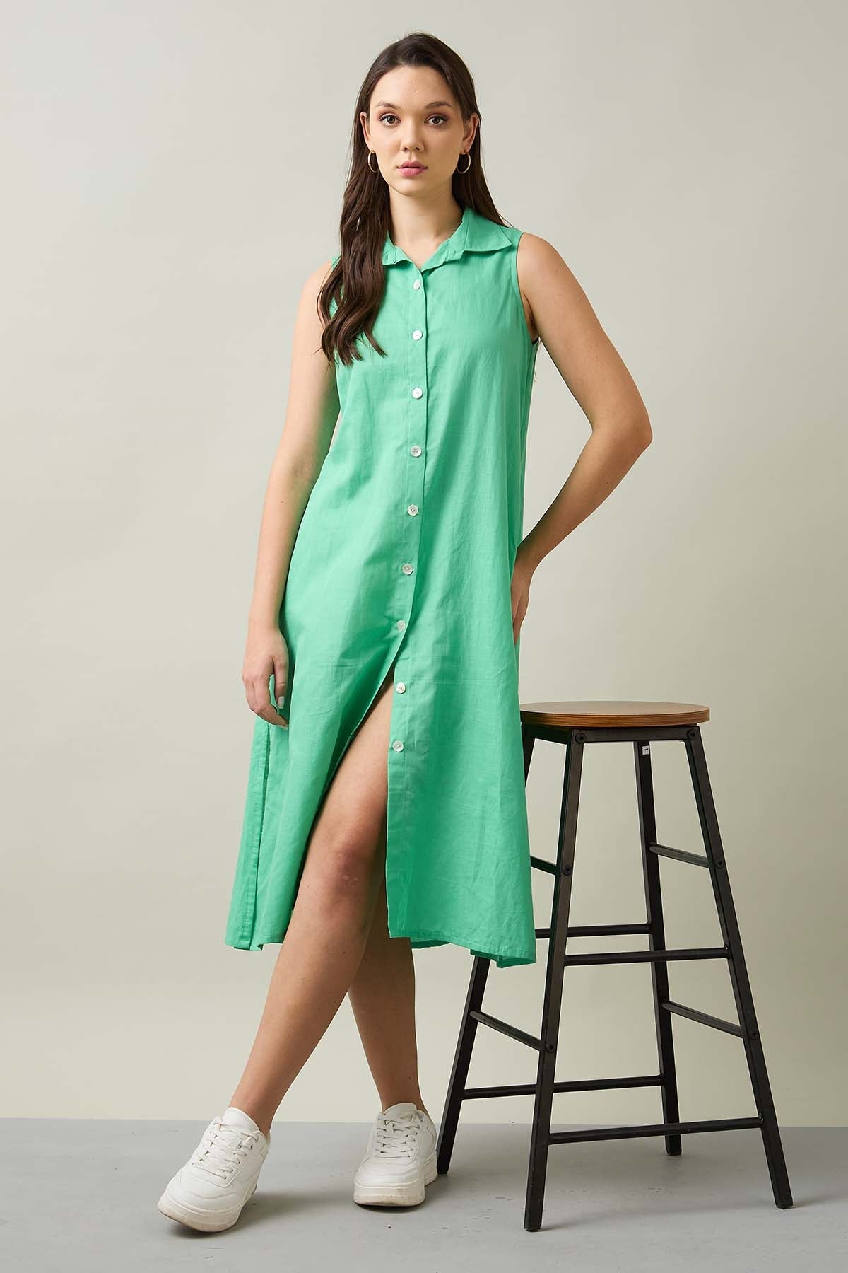 Buy Green Sleeveless Shirt Dress by 7teen12 for women online at ScrollnShops