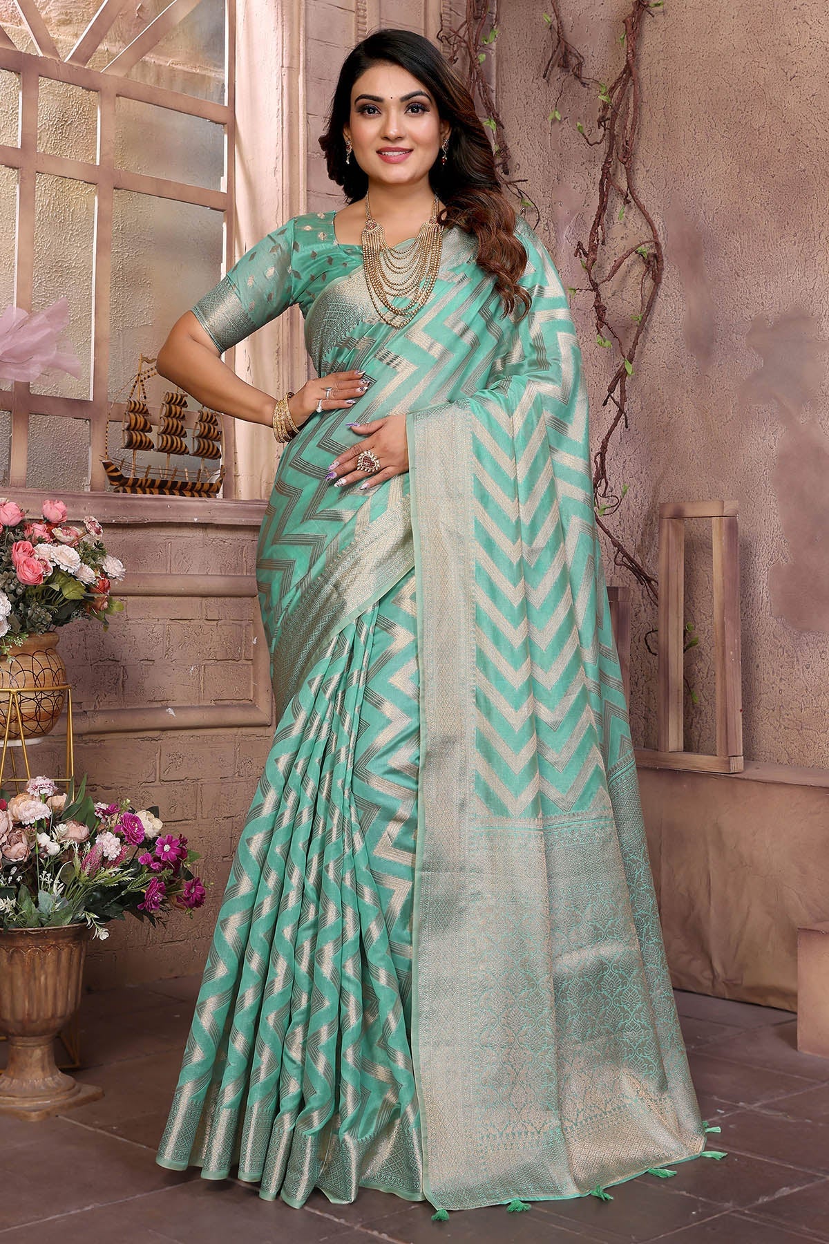 Buy Green Soft Organza Silk Saree for women by Aastha Fashion online available at scrollnshops