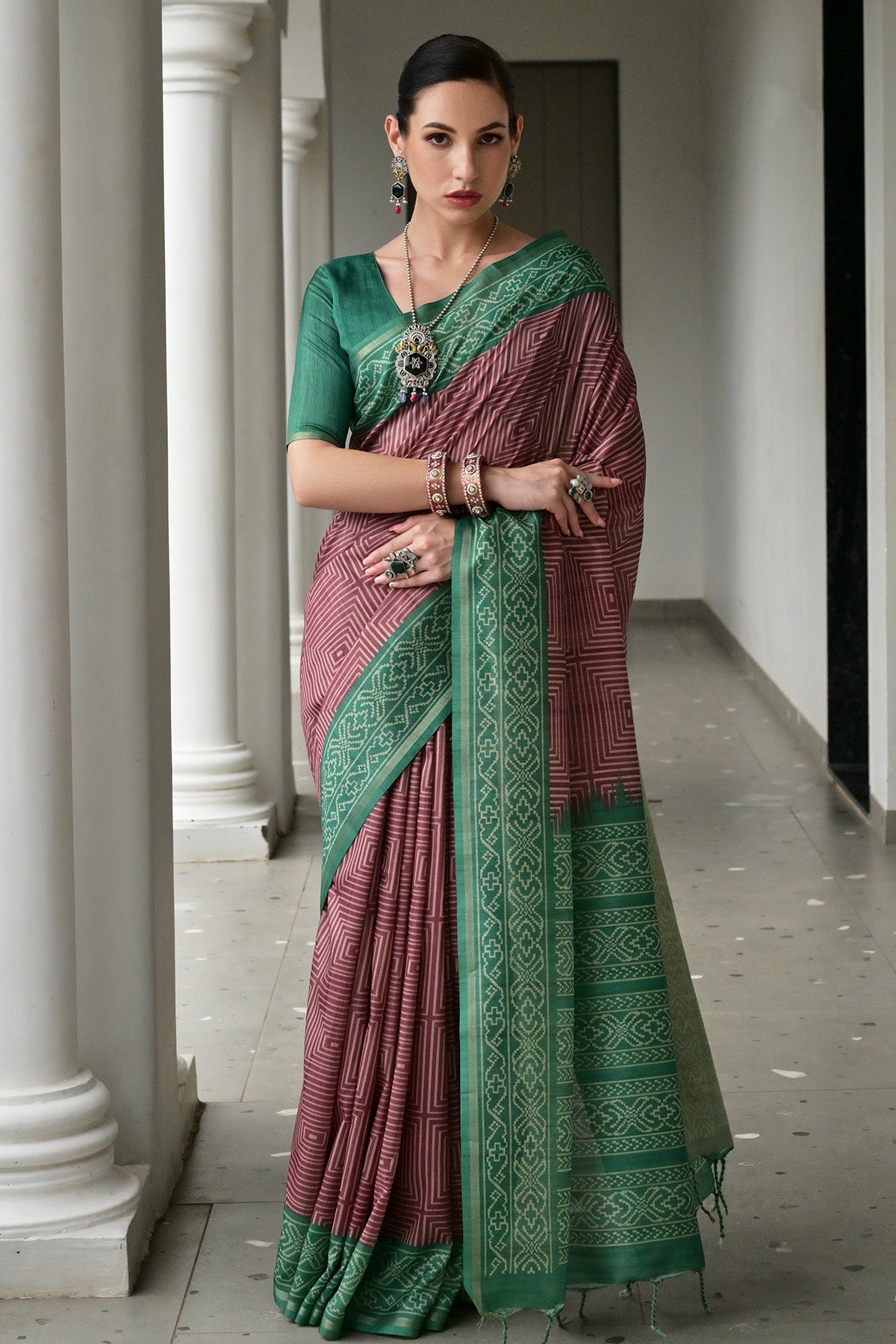 Buy Green Soft Tussar Silk Saree for women by Lili Lala Designer online available at scrollnshops