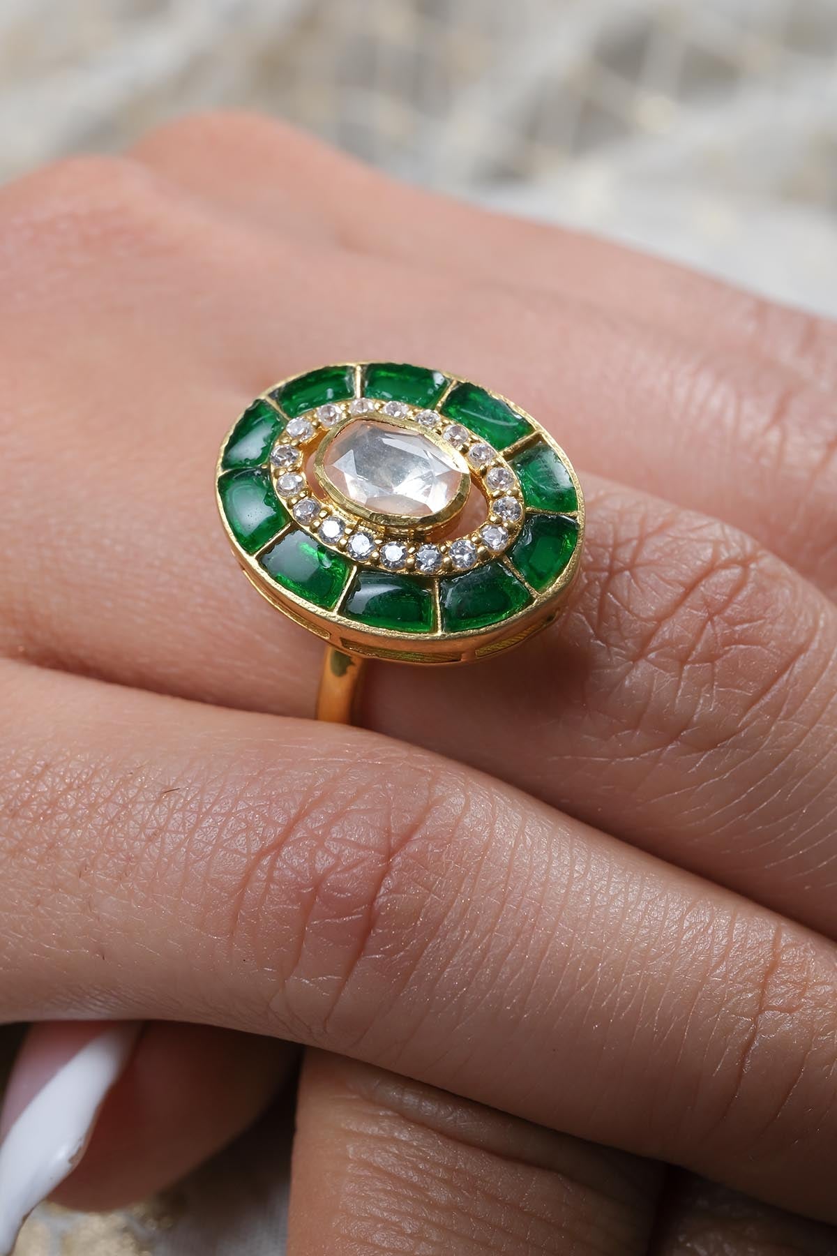 Sica Green Stone Embellished Ring for jewellery online at ScrollnShops