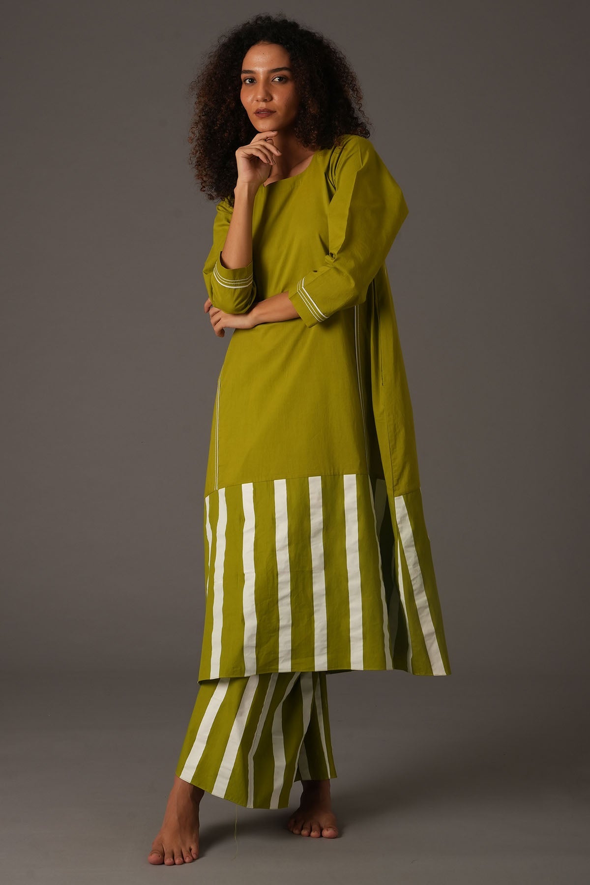 Khat Clothing Green Stripe Flare Kurta & Pants for women online at ScrollnShops