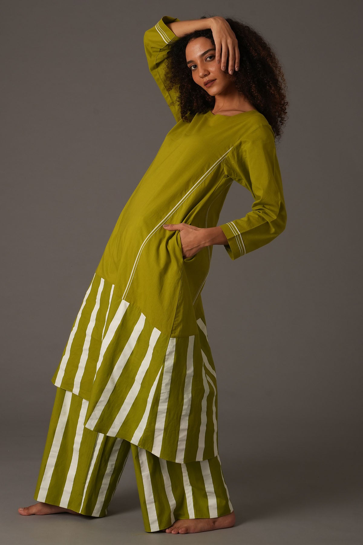 Green Stripe Flare Kurta & Pants