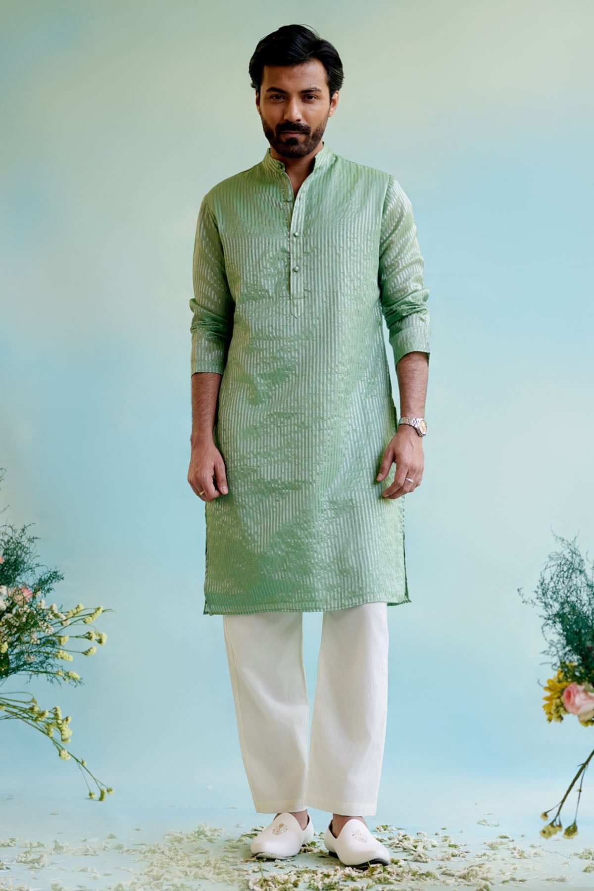 Nero Green Stripe Kurta & Pants for Men Online Available at ScrollnShops