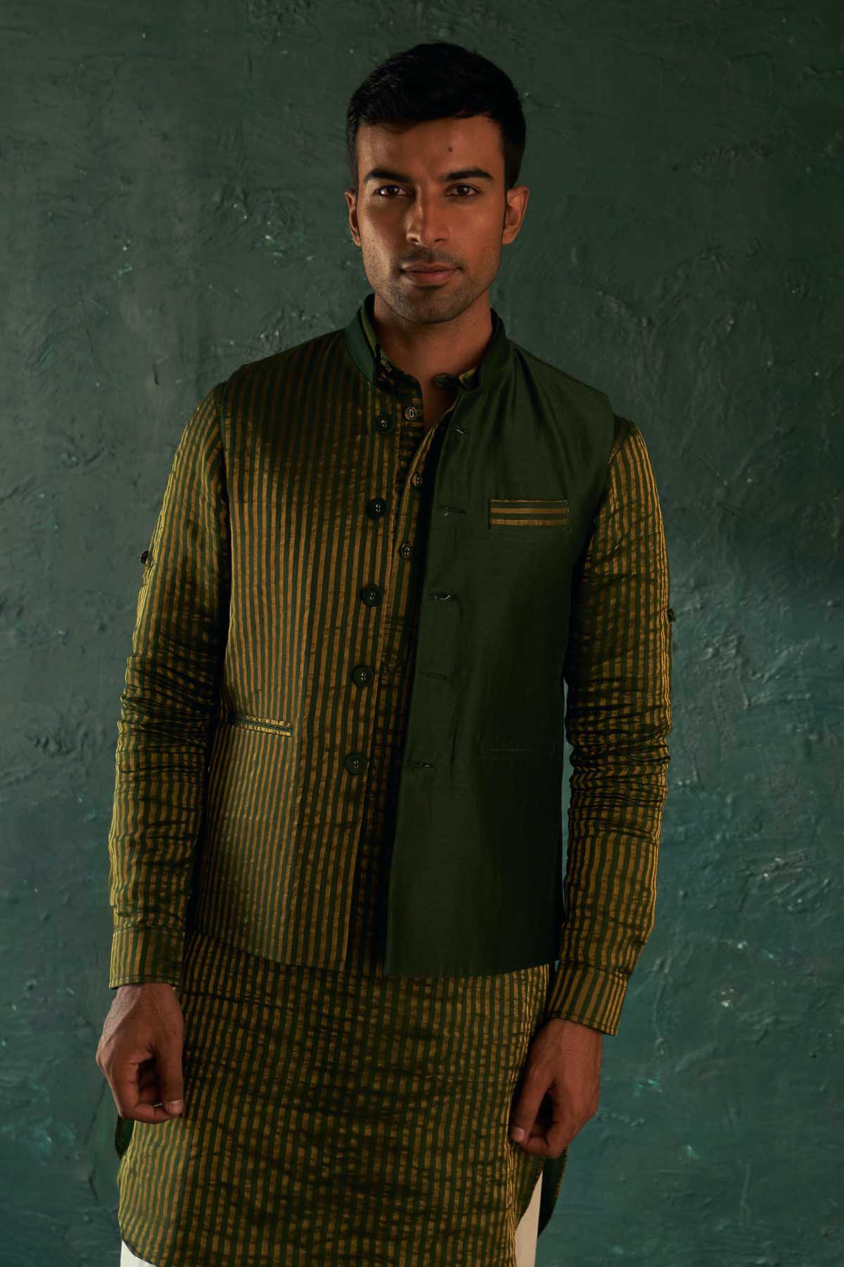 Buy Green Stripe Tissue Nehru Jacket by Charkhee for men online at ScrollnShops