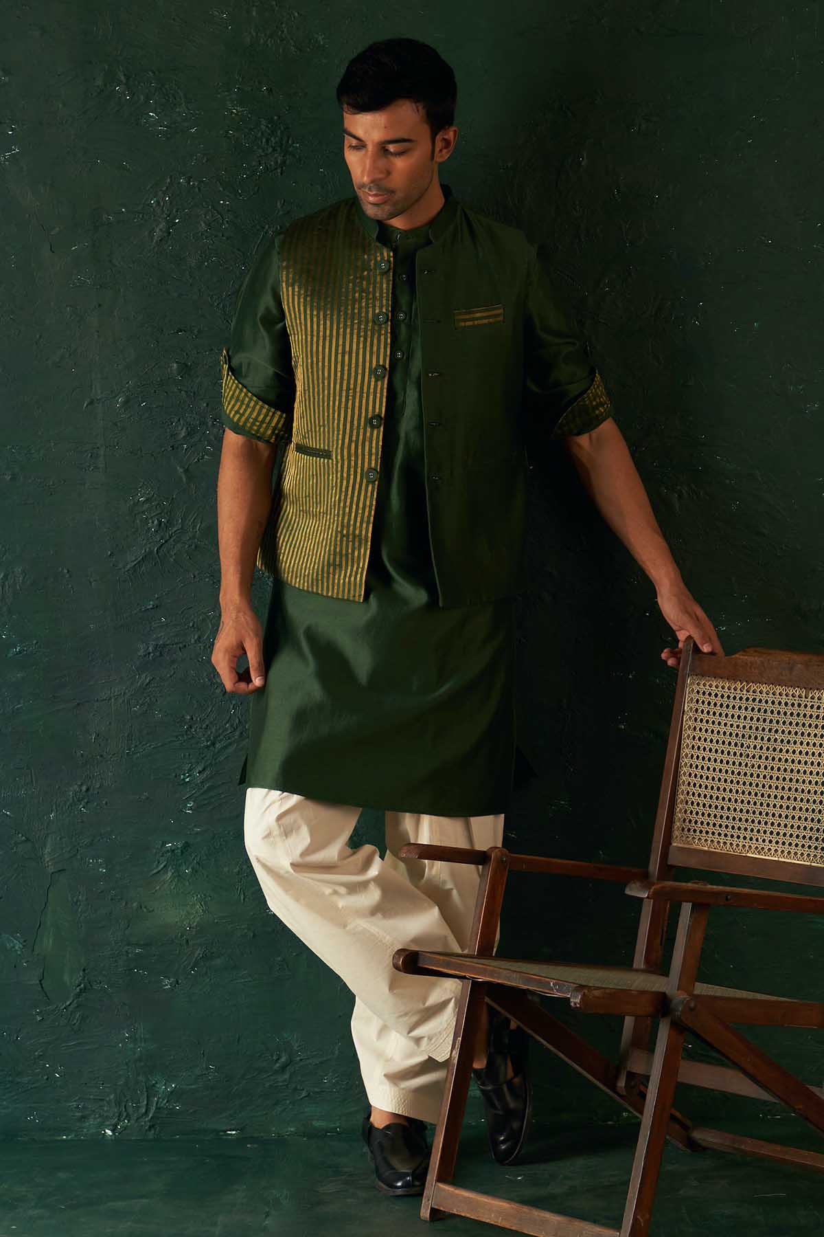 Buy Green Stripe Tissue Nehru Jacket Online