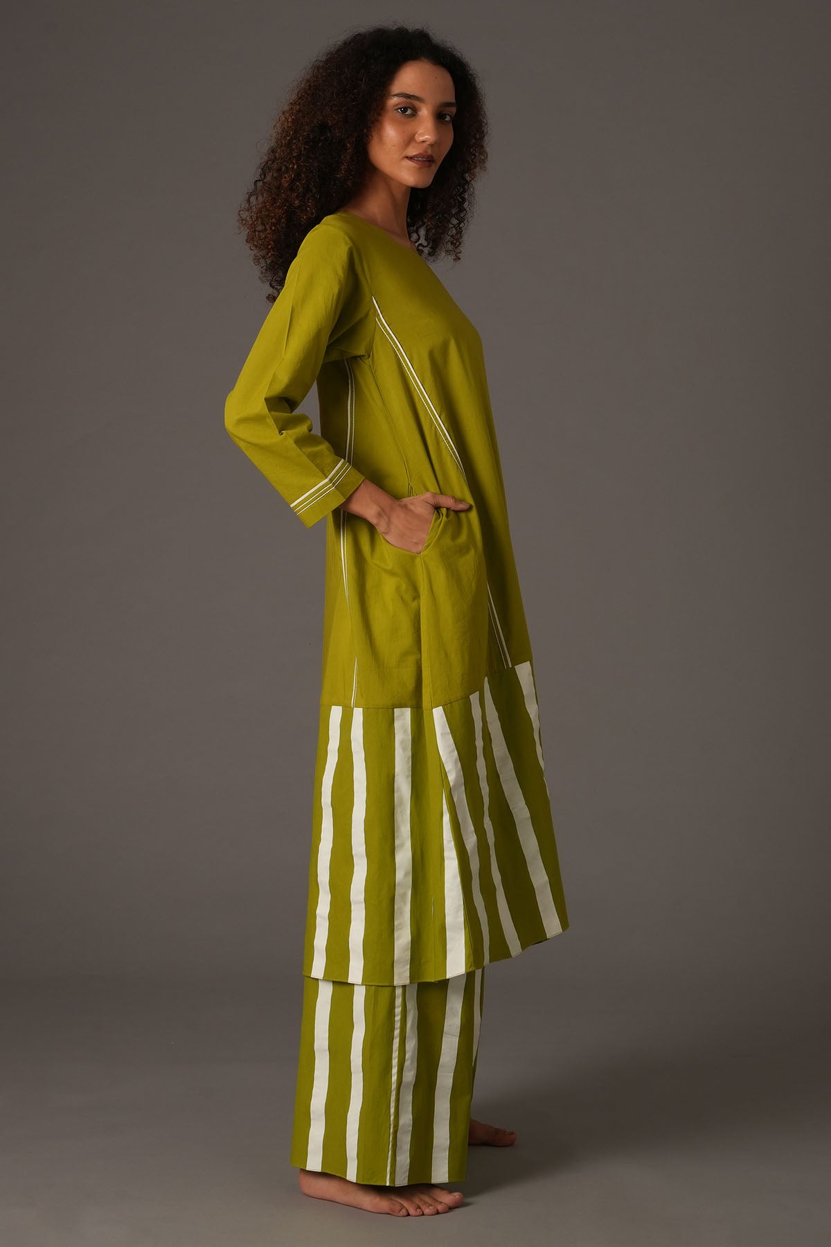 Green Stripes Flared Kurta Set