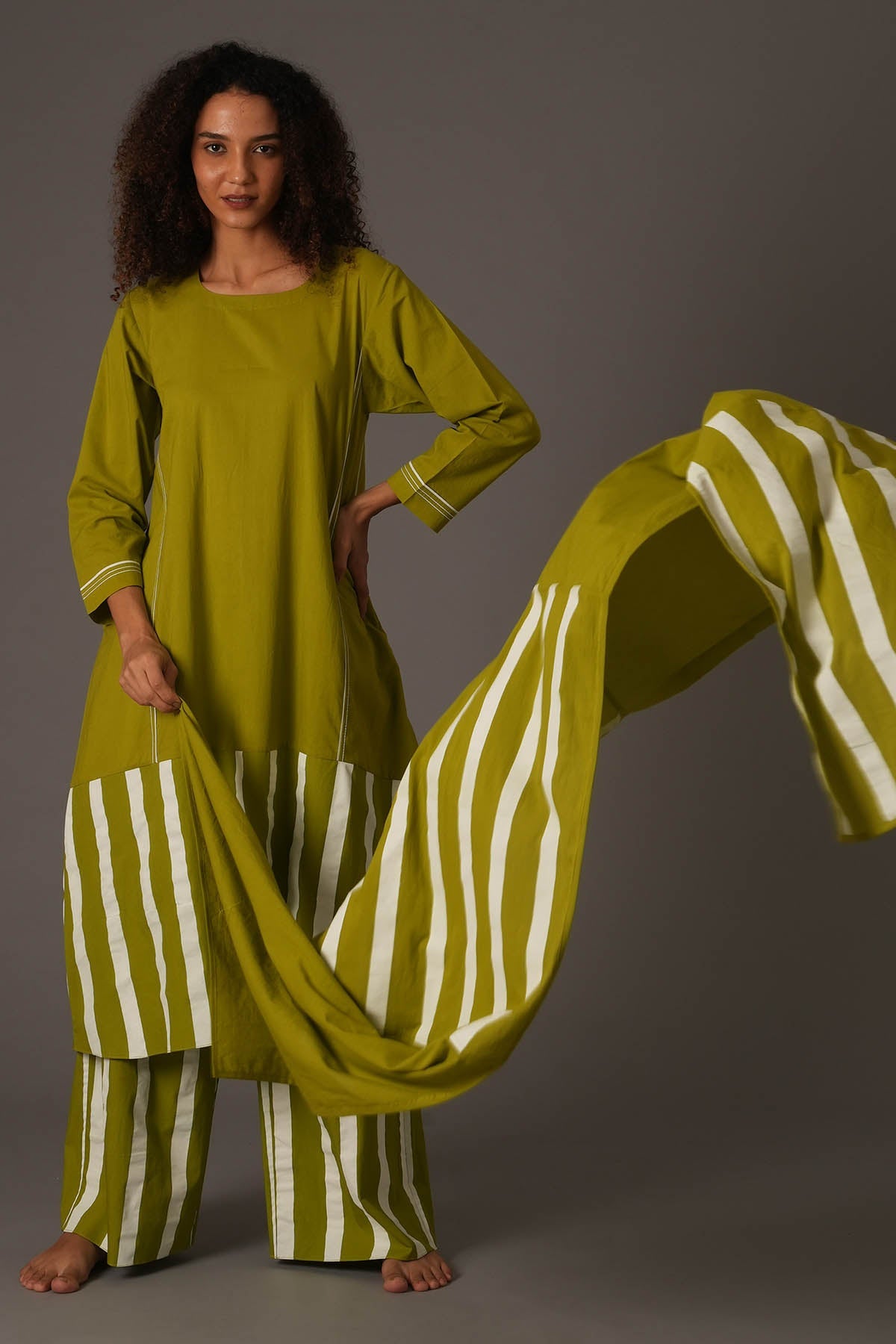 Khat Clothing Green Stripes Flared Kurta Set for women online at ScrollnShops