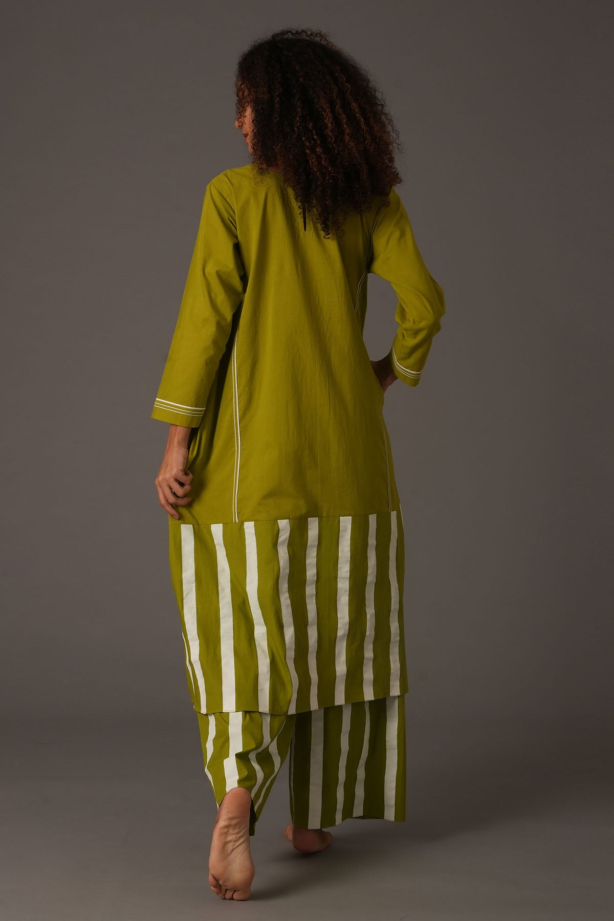 Green Stripes Flared Kurta Set