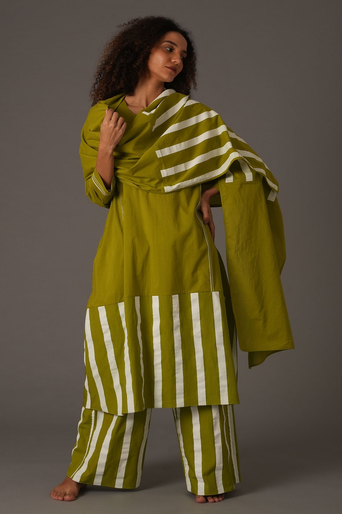 Green Stripes Flared Kurta Set