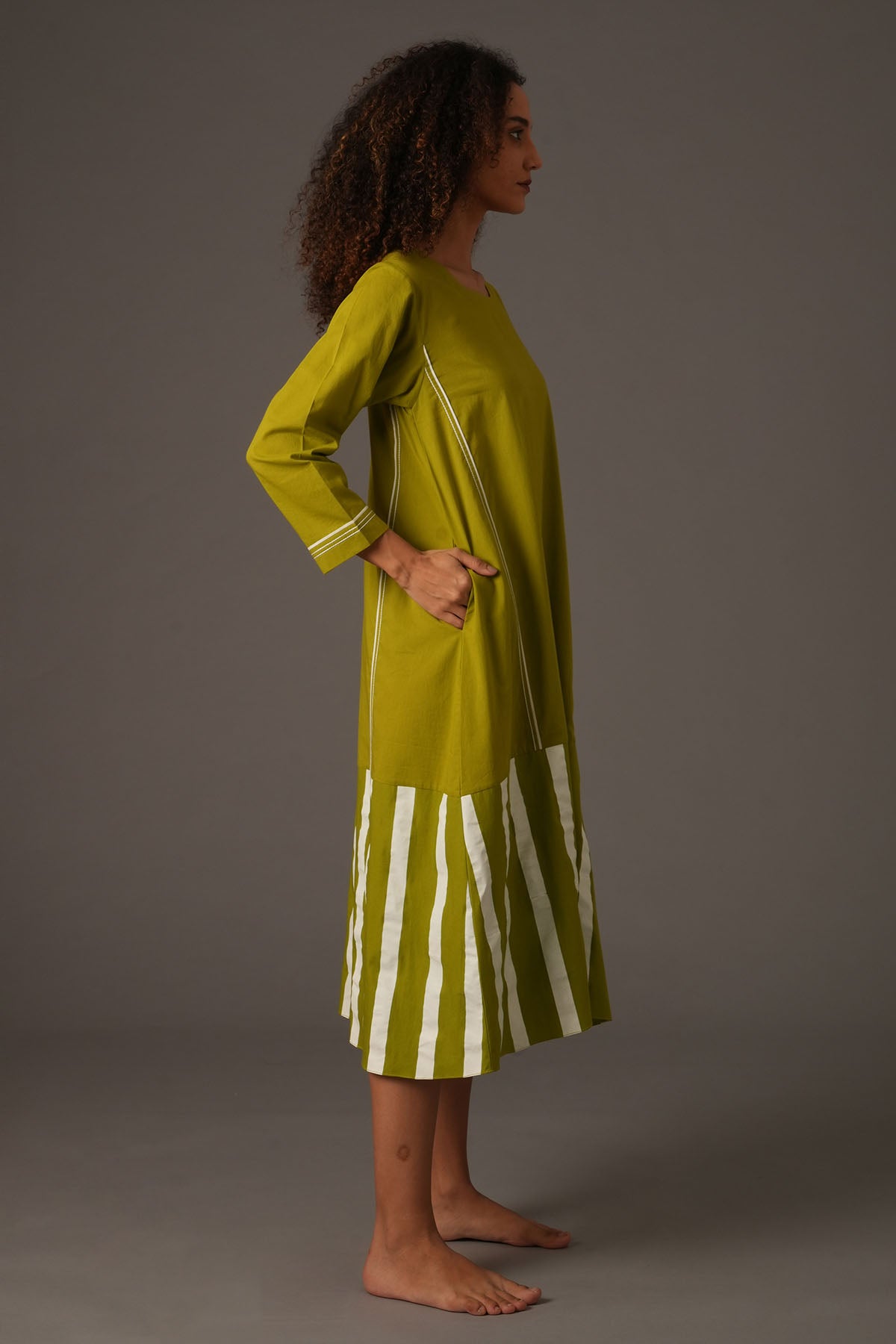 Green Stripes Flared Midi Dress