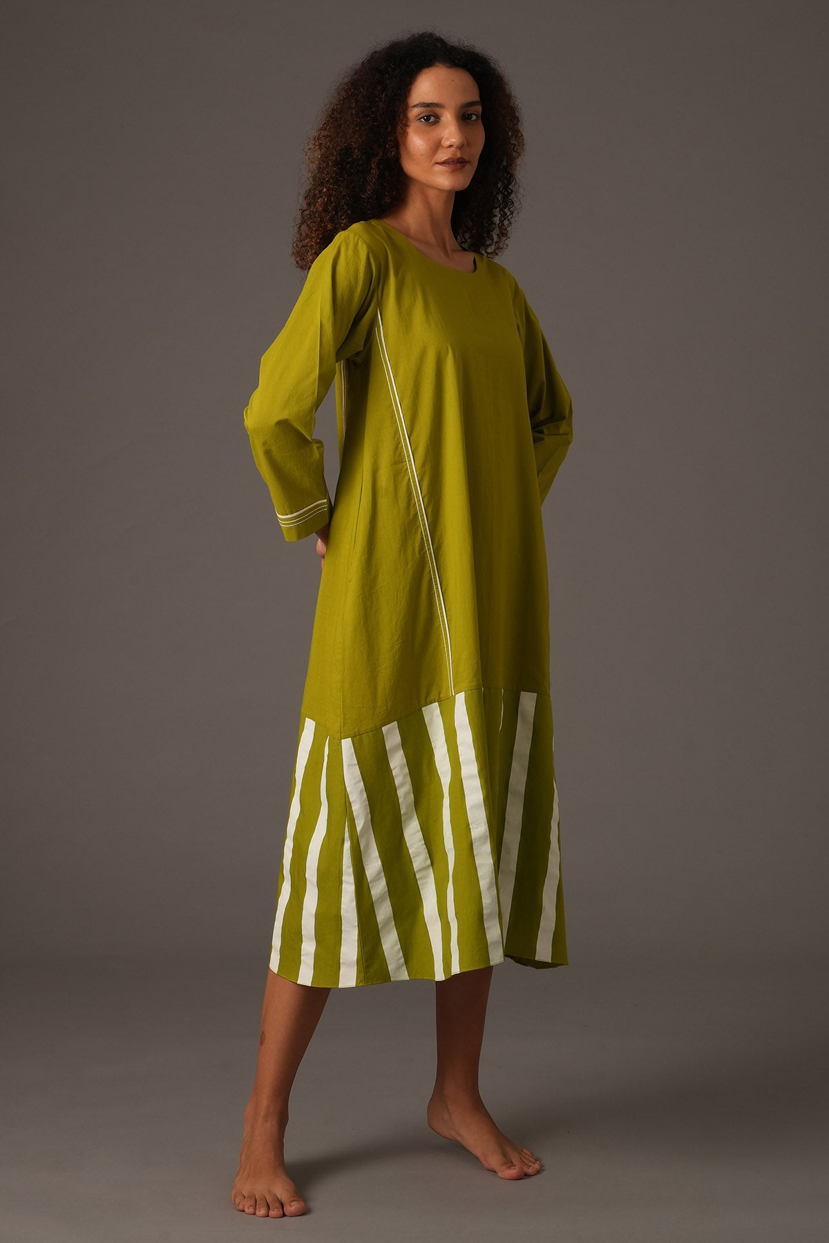 Green Stripes Flared Midi Dress