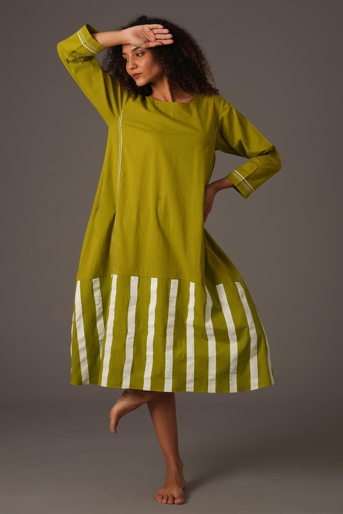 Buy Designer Green Stripes Flared Midi Dress Online