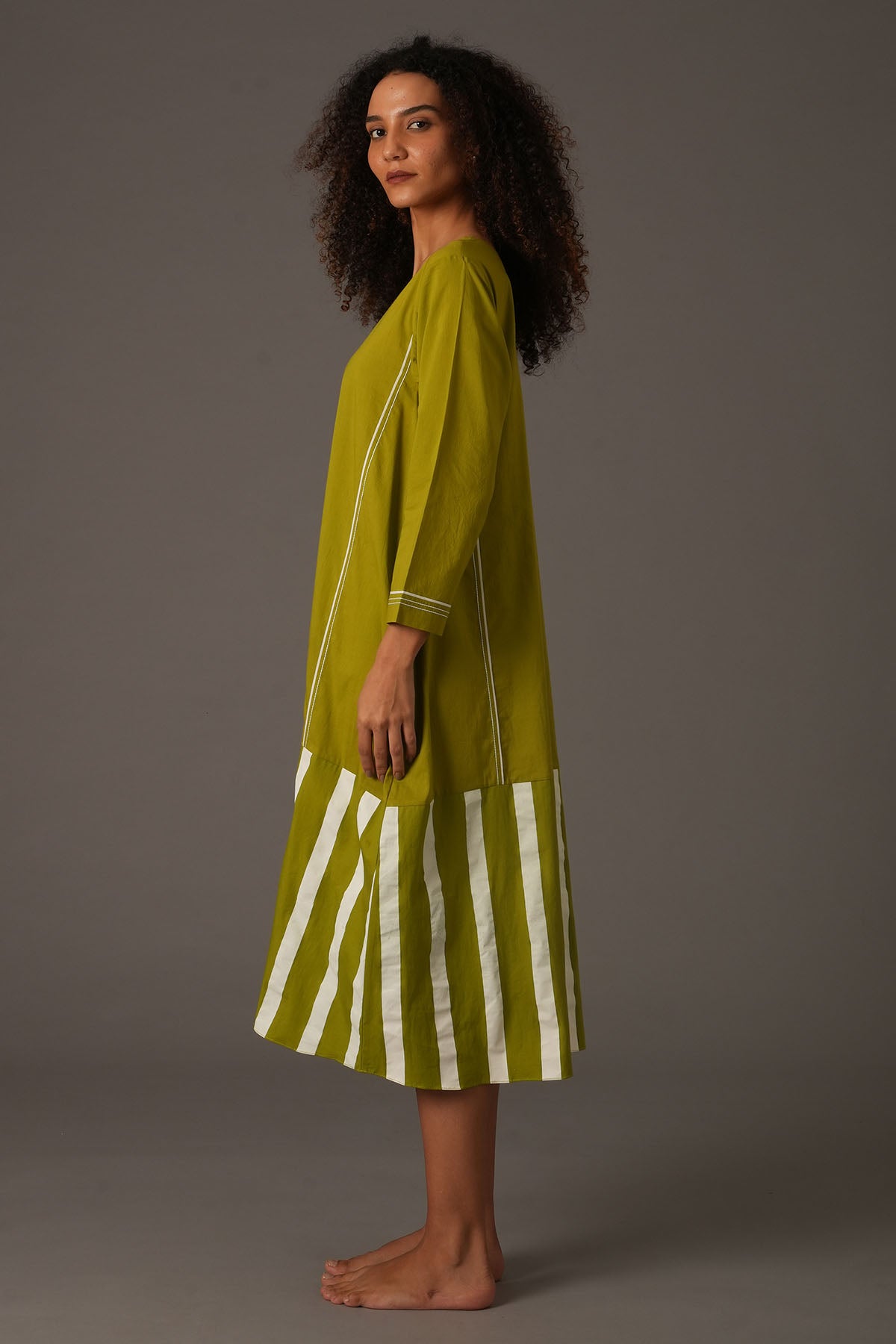 Green Stripes Flared Midi Dress
