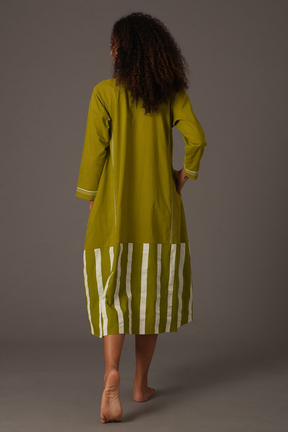 Green Stripes Flared Midi Dress