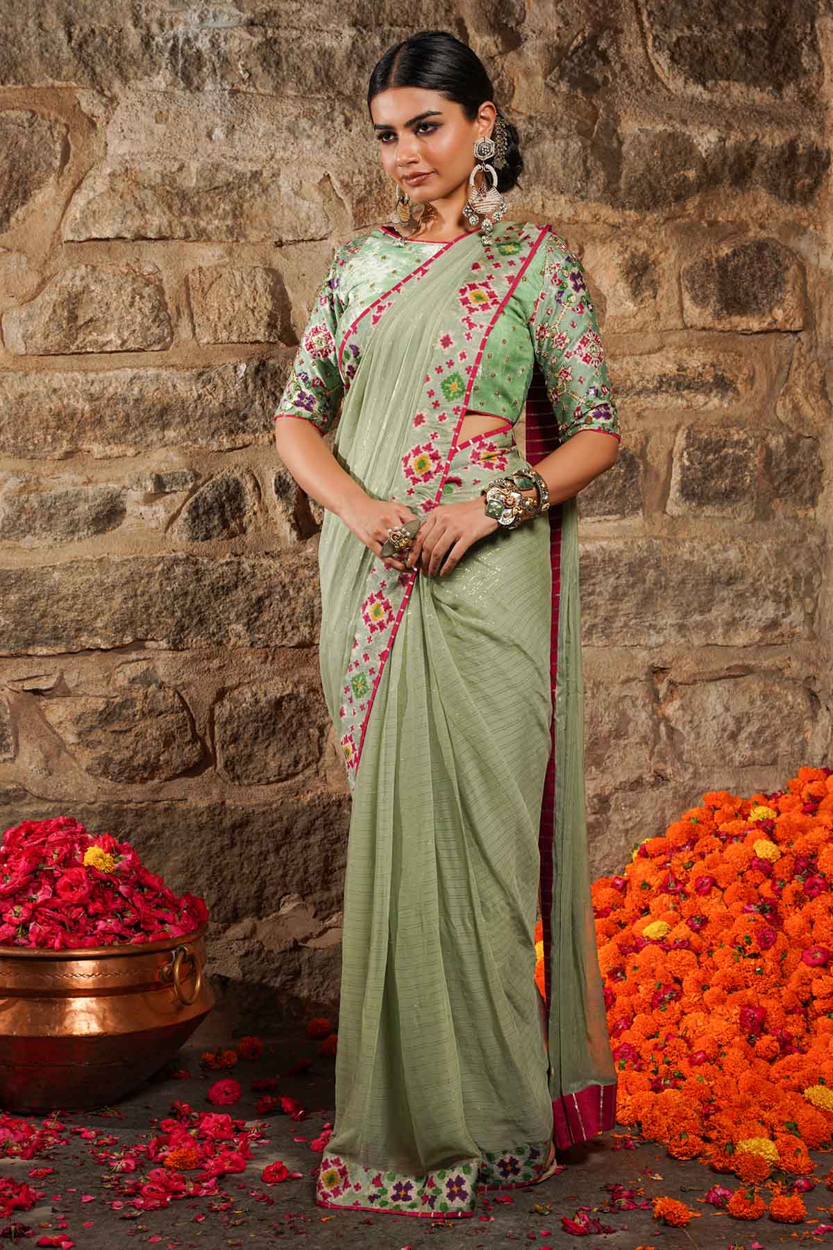 Seharre Green Stripes Pre-Draped Saree for women online at ScrollnShops