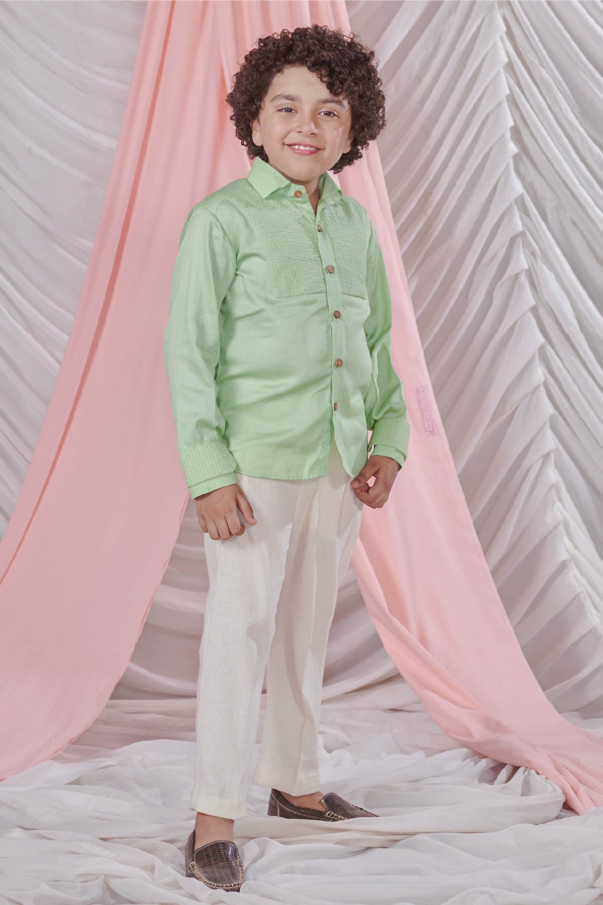 Designer Littleens Green Textured Stripes Shirt For Kids (Boys & Girls) Available online at ScrollnShops