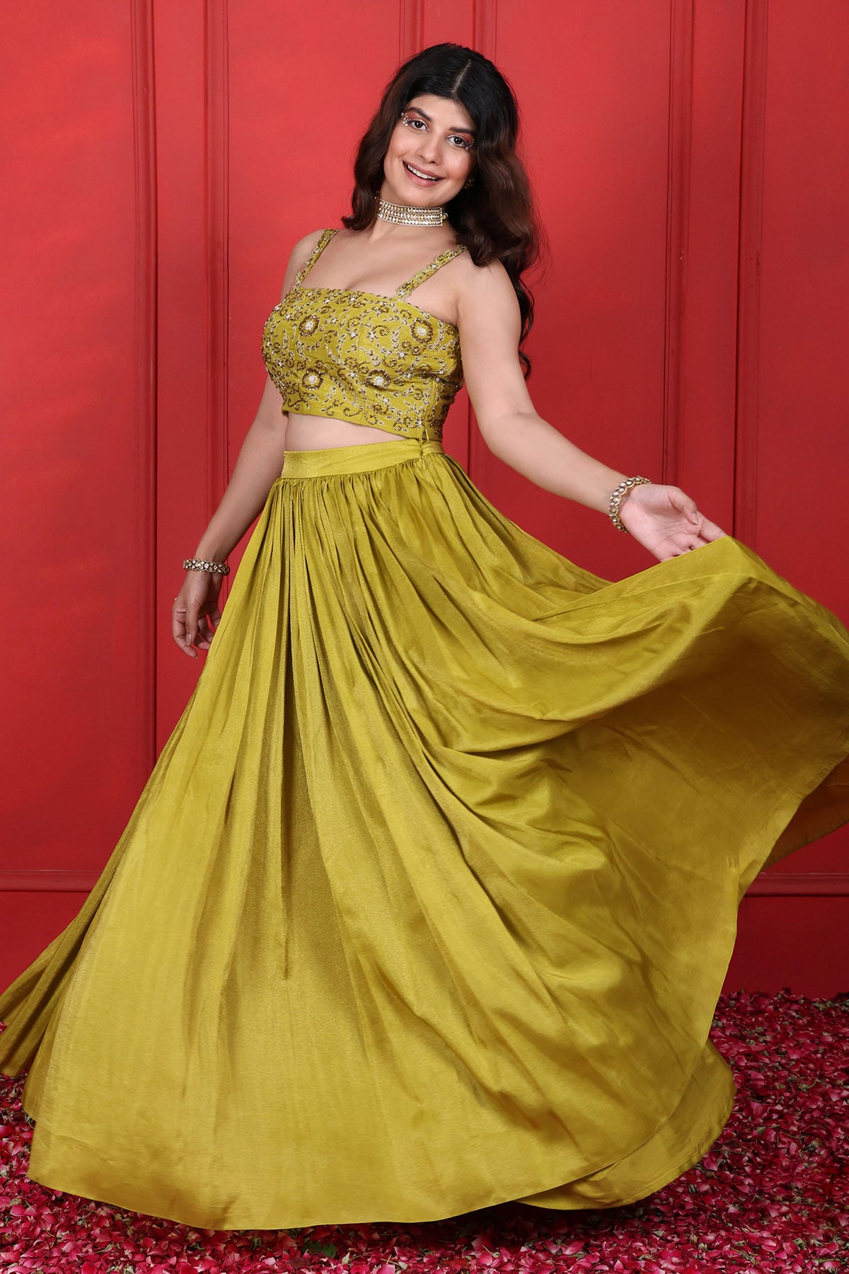 Green Thread Embroidered Lehenga