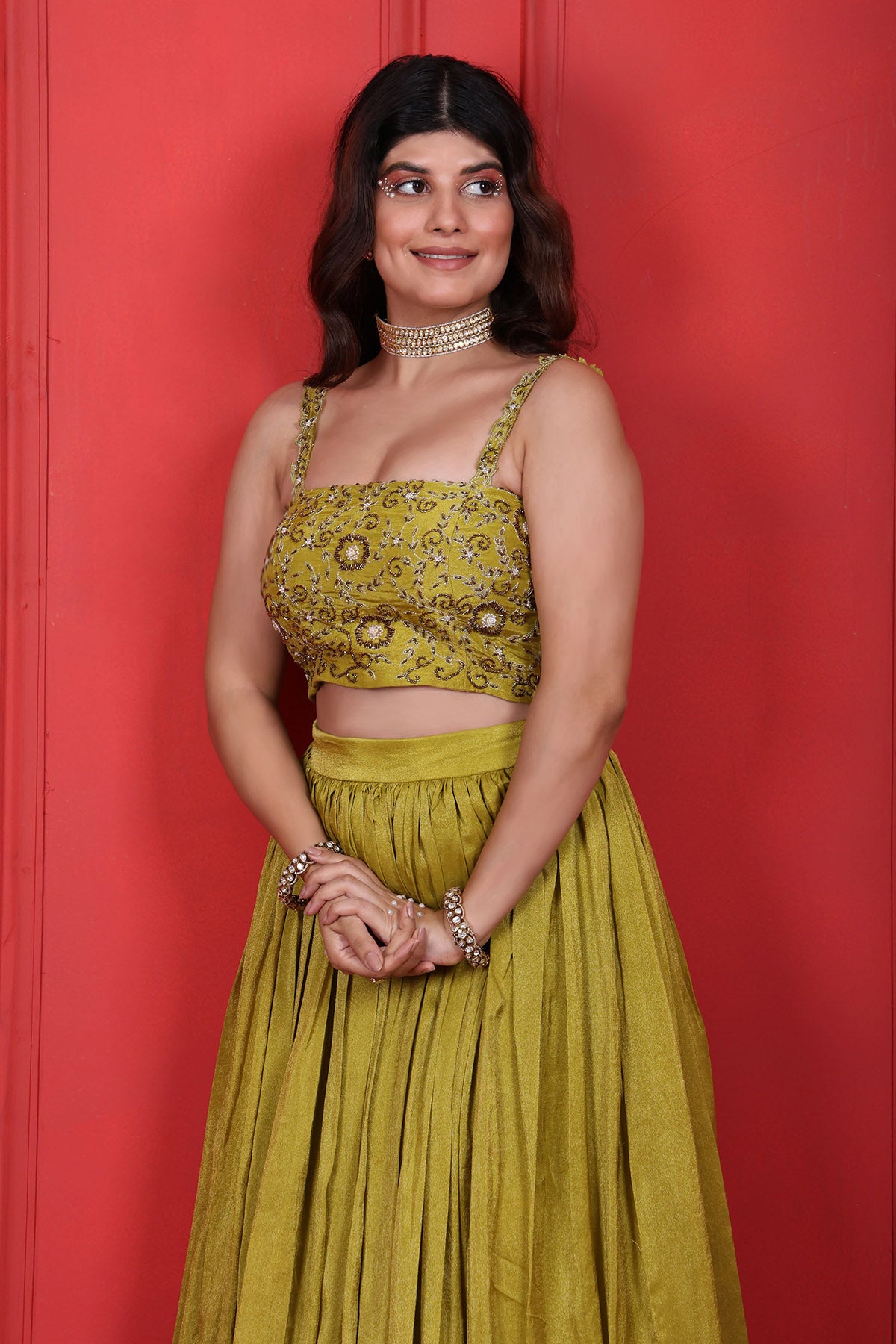 Green Thread Embroidered Lehenga