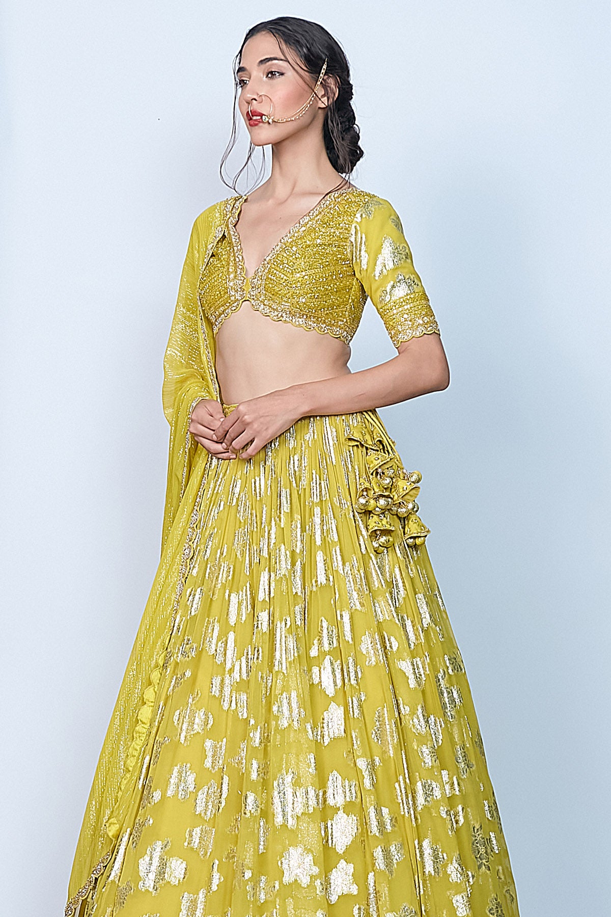 Green Thread Pearl Lehenga Set