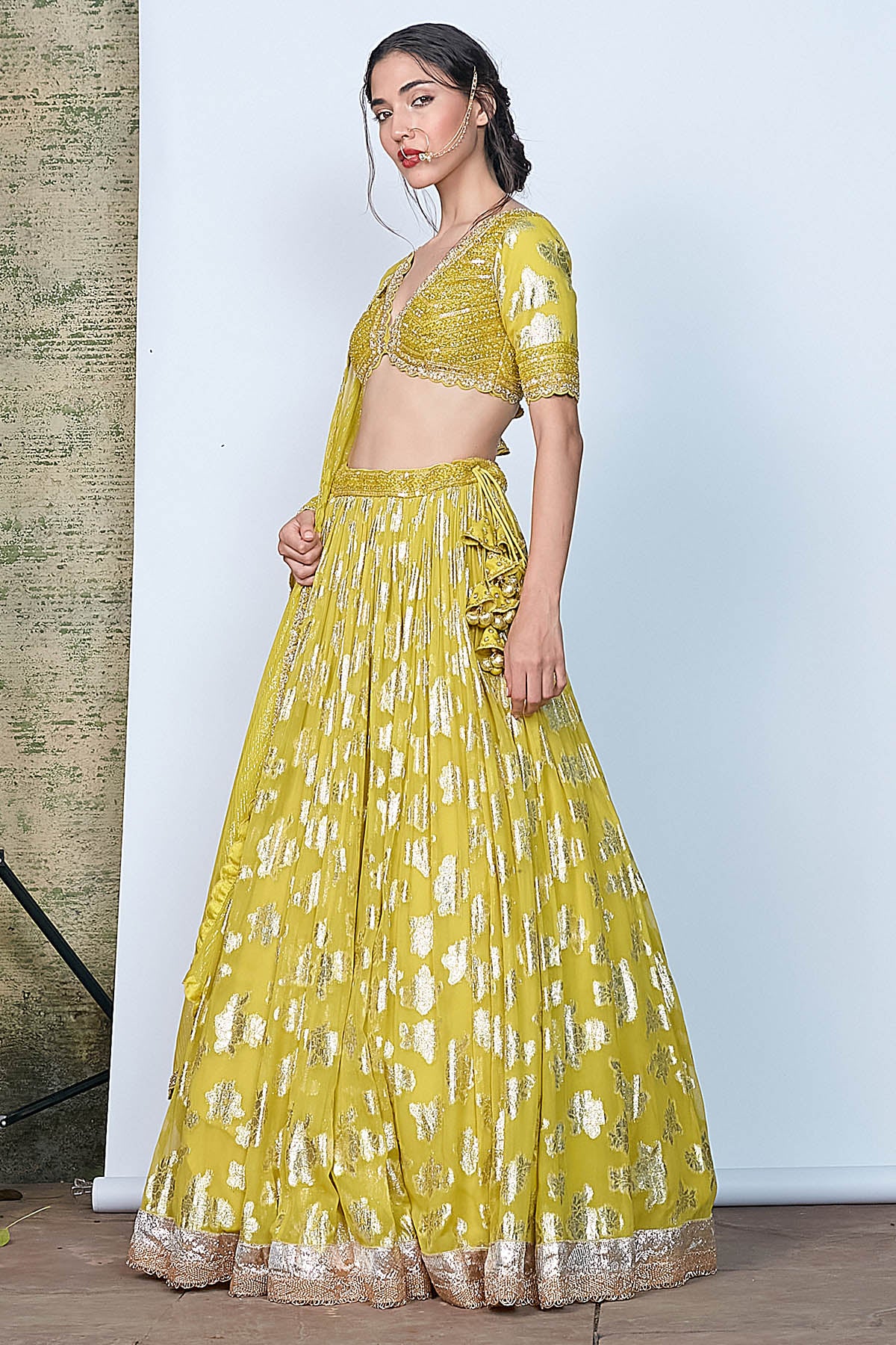 Green Thread Pearl Lehenga Set