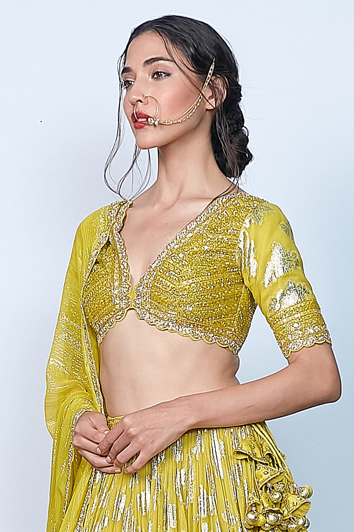Green Thread Pearl Lehenga Set