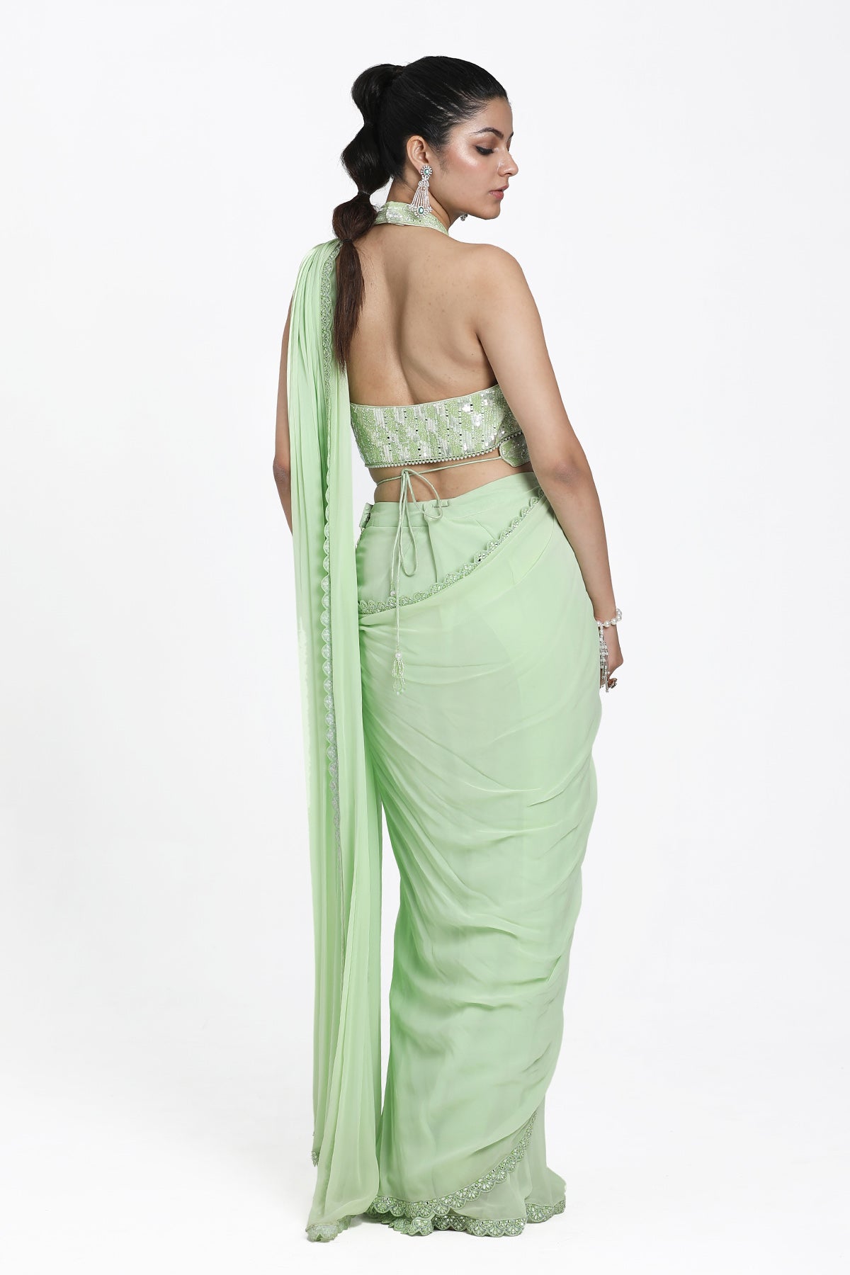 Green Thread Pre-Draped Saree