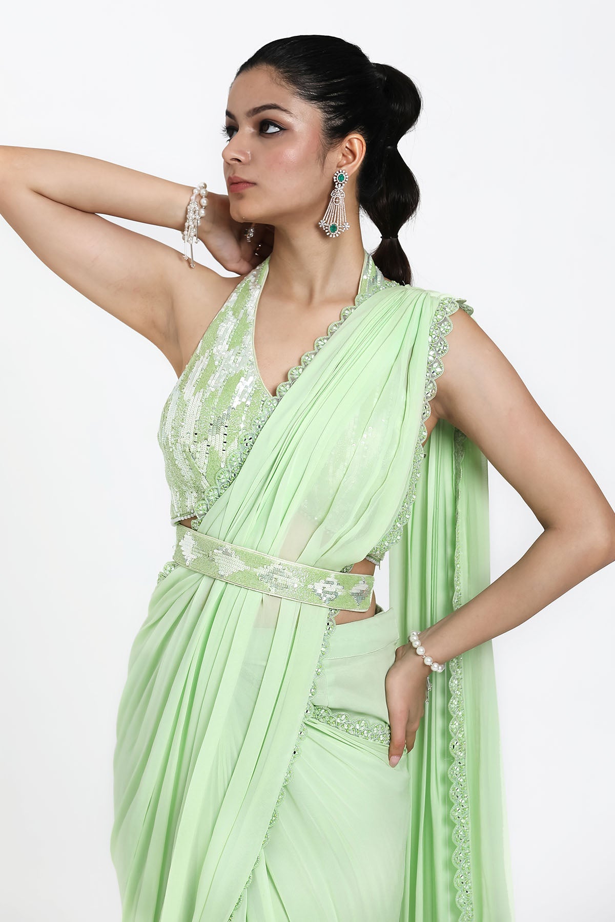 Green Thread Pre-Draped Saree