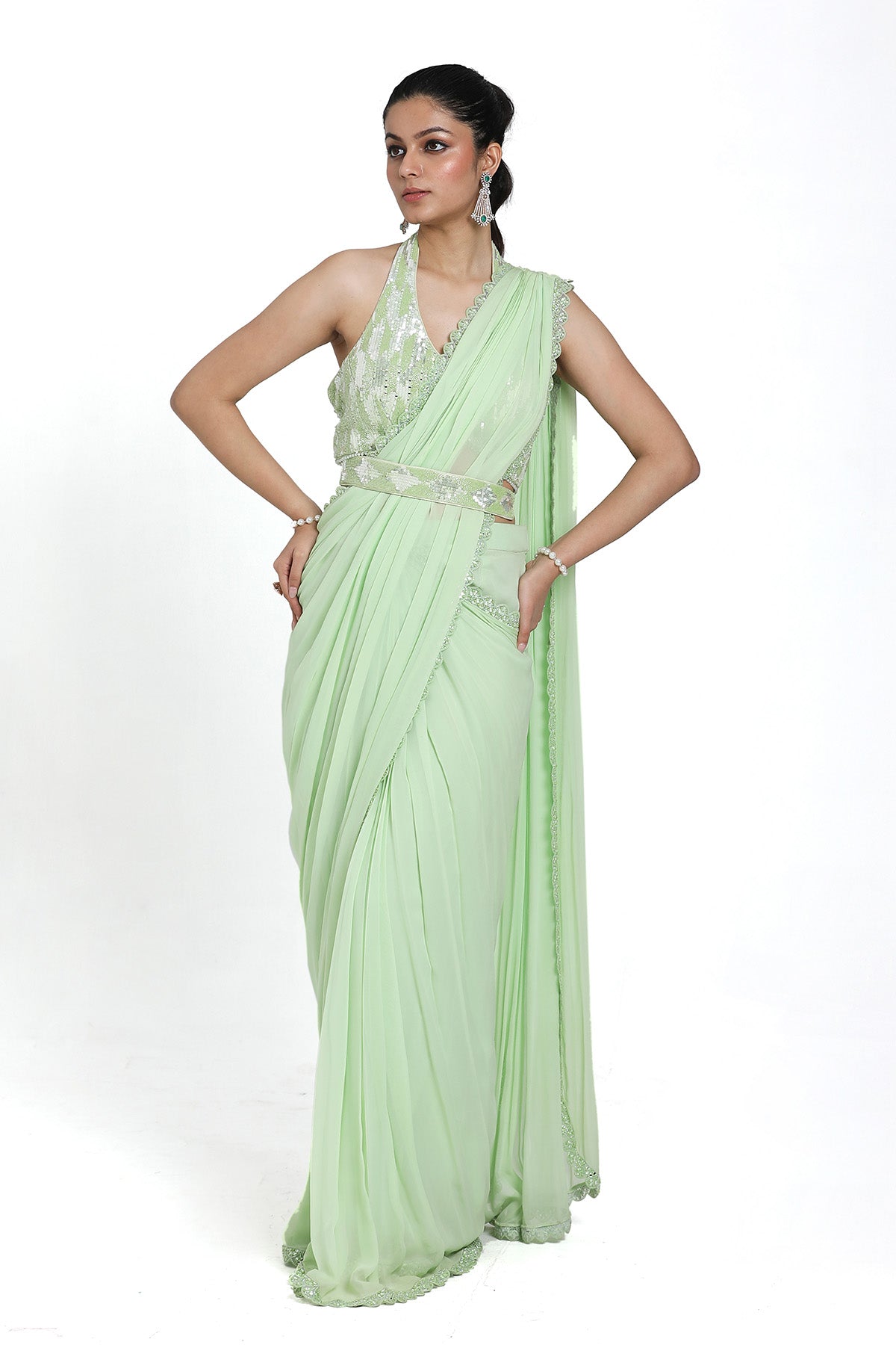 Buy Green Thread Pre-Draped Saree by Nitisha Kashyapi for women online at ScrollnShops
