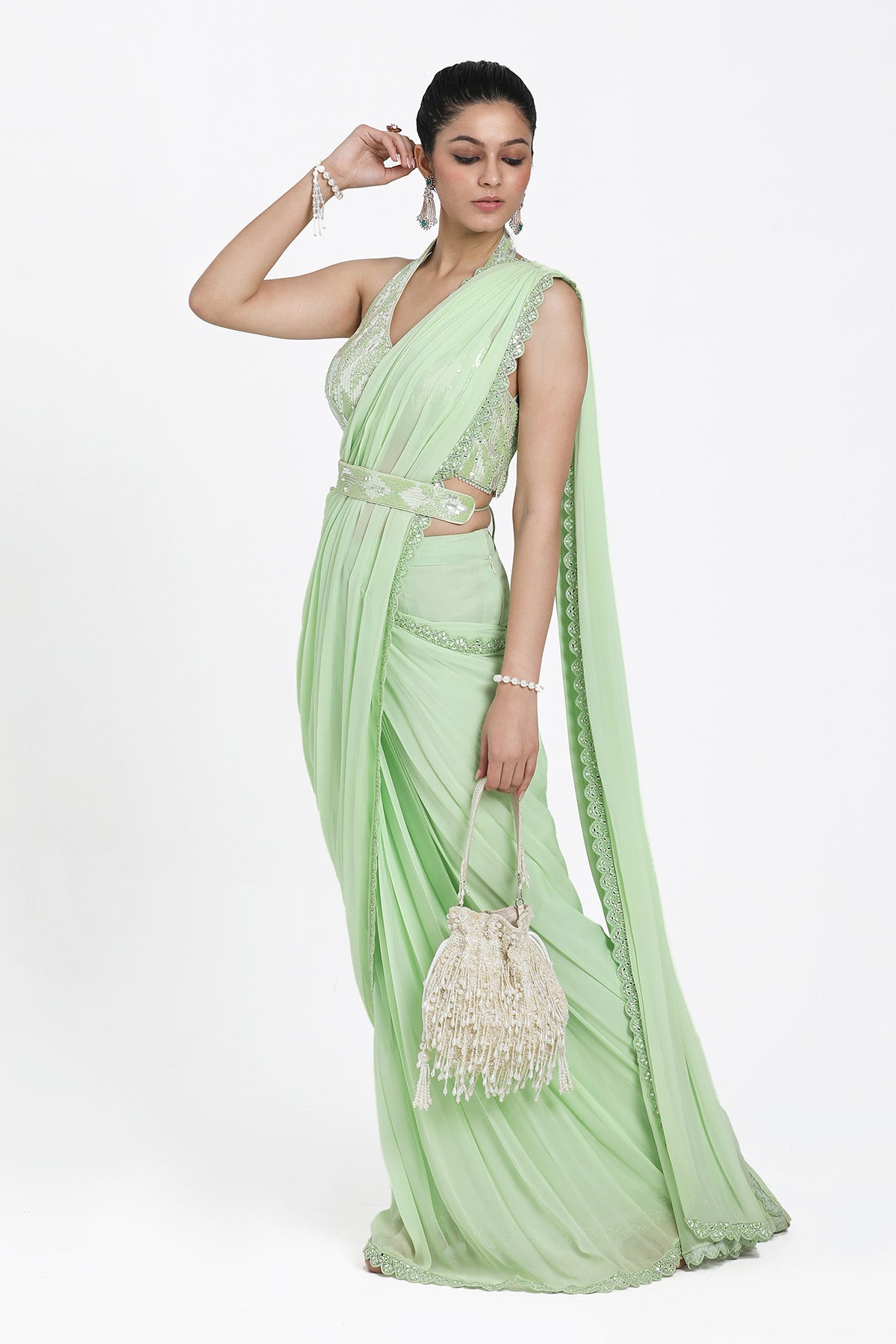 Green Thread Pre-Draped Saree