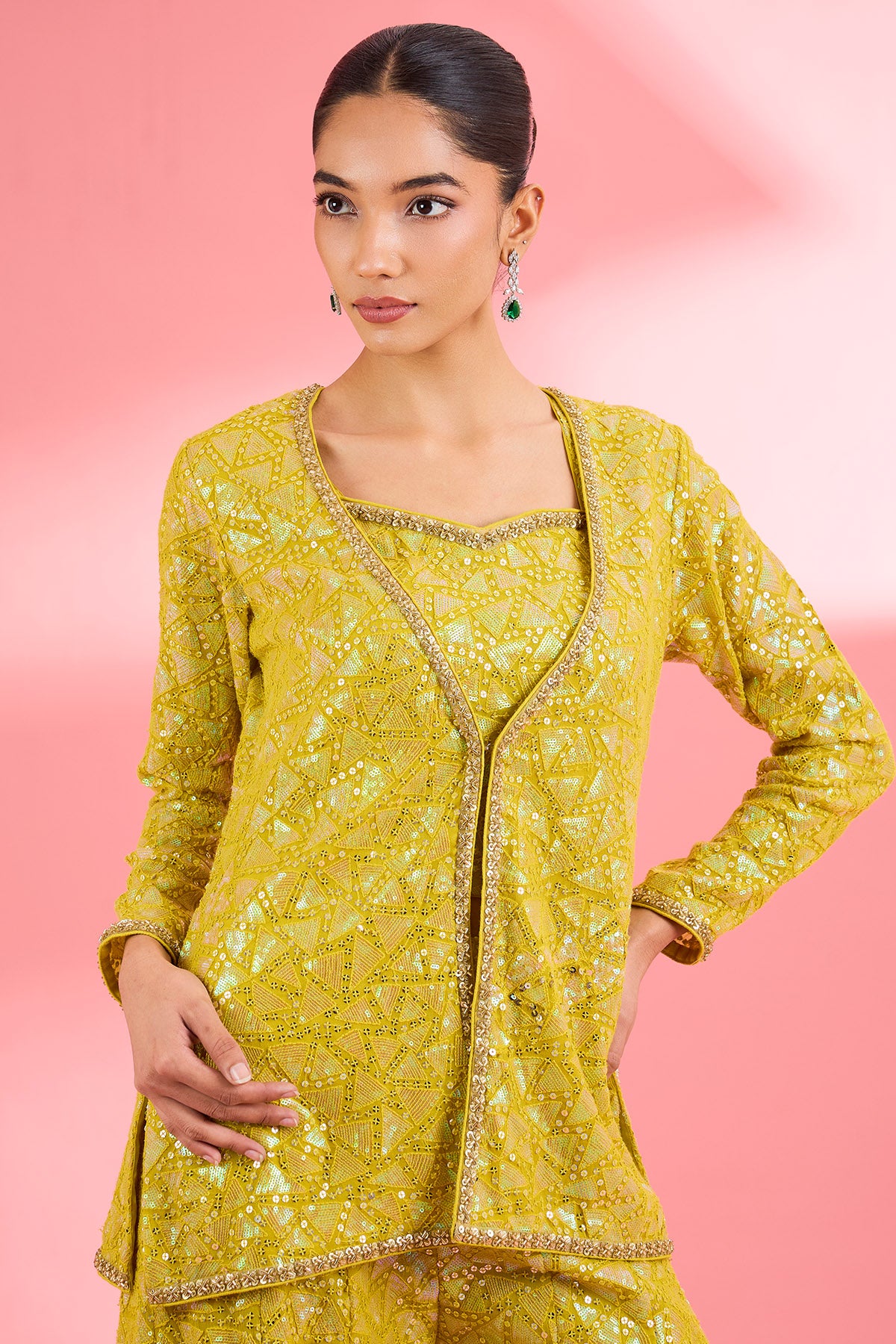 Green Thread Sequins Kurta Set