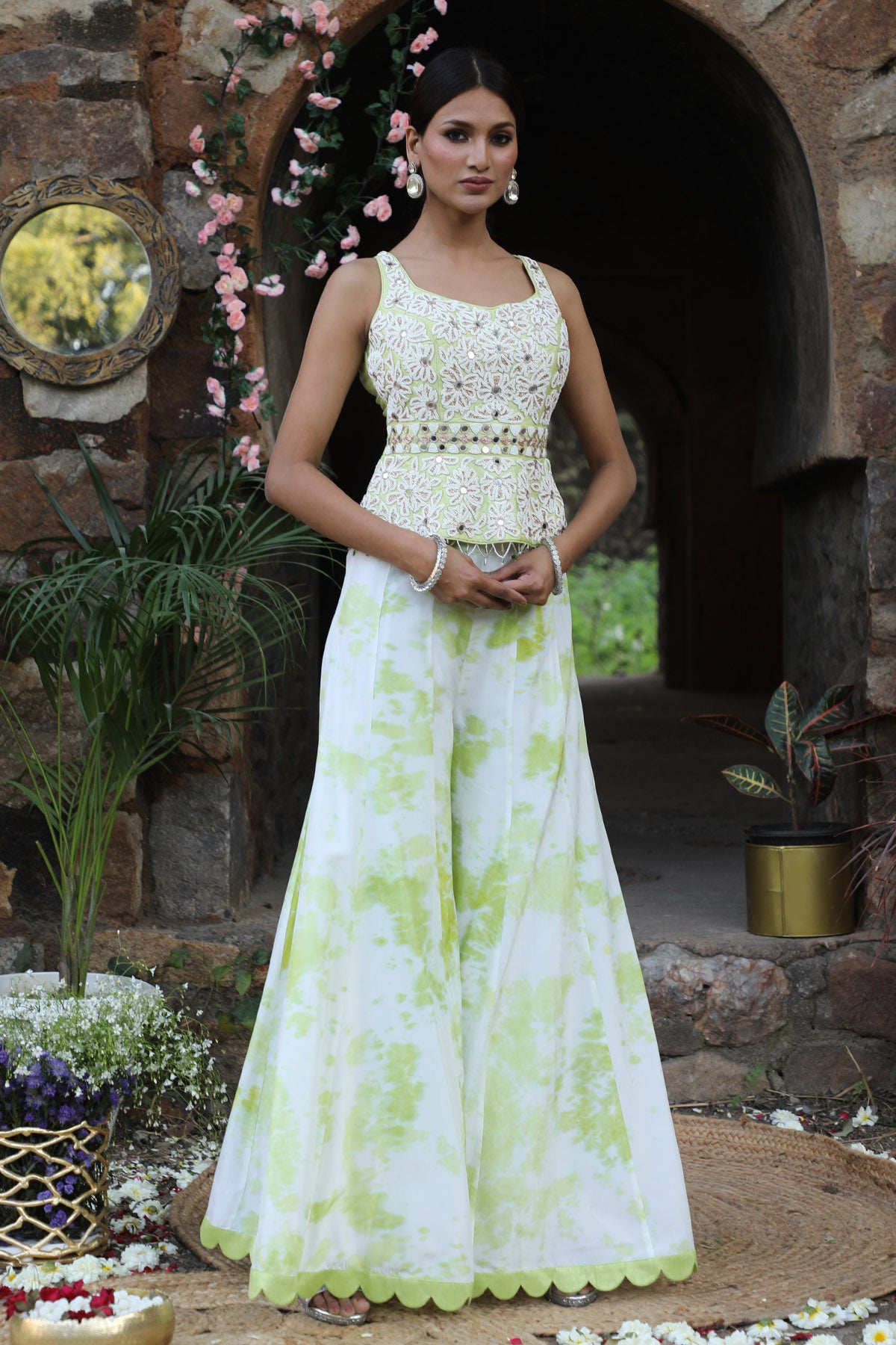 Green Tie-Dye Indo-Western Set