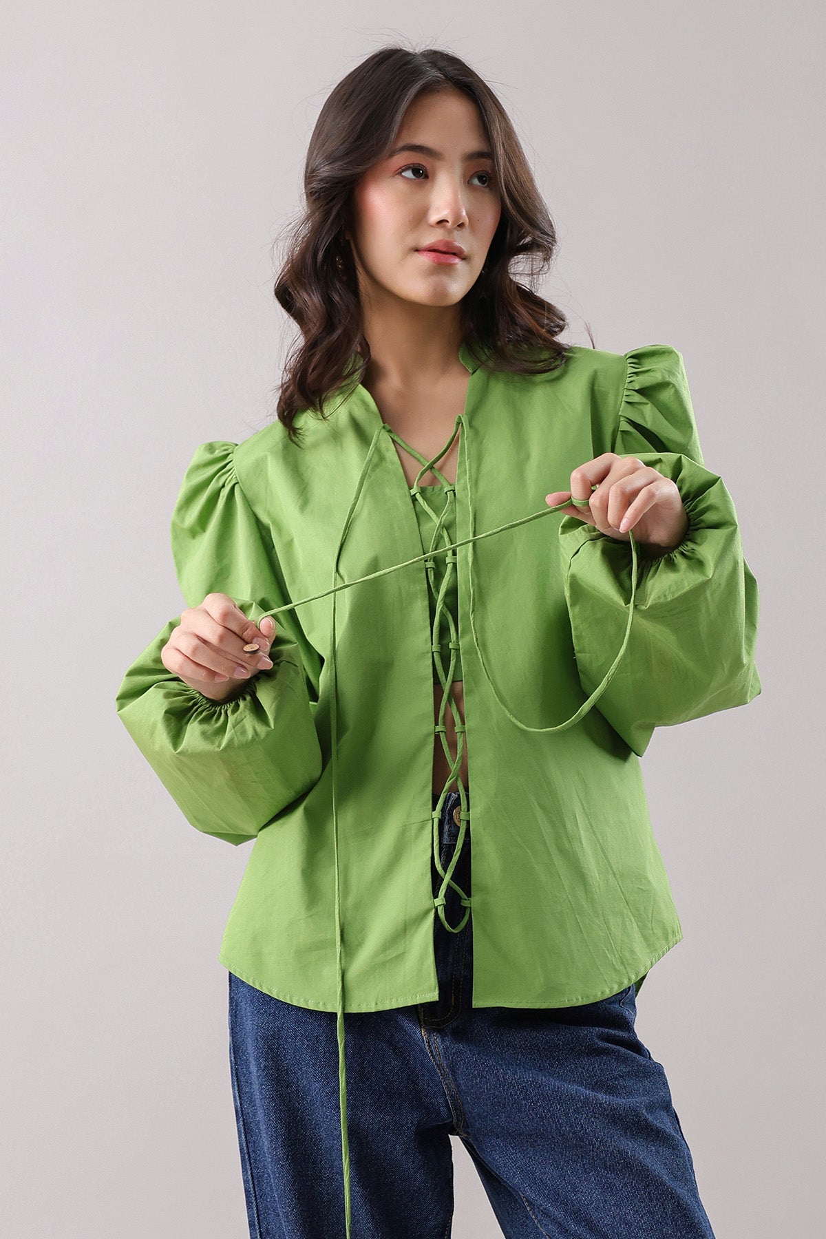 Buy Green Tie-Up Oversized Shirt by Why Look West for women online at ScrollnShops