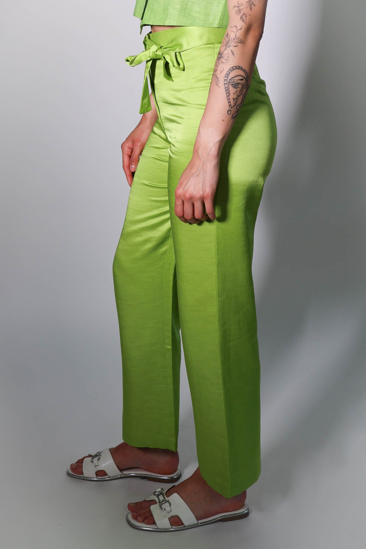 Green Tie-Up Straight Trousers