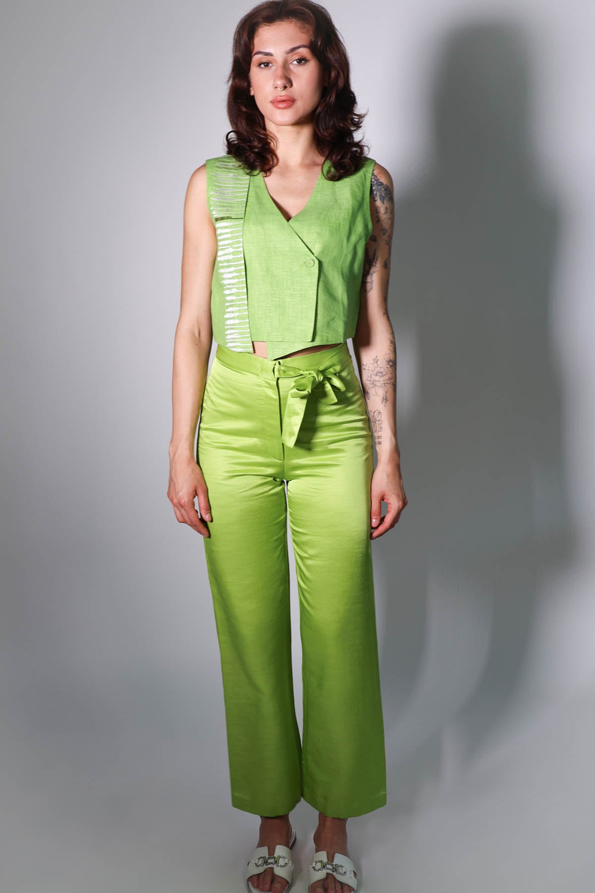 Green Tie-Up Straight Trousers