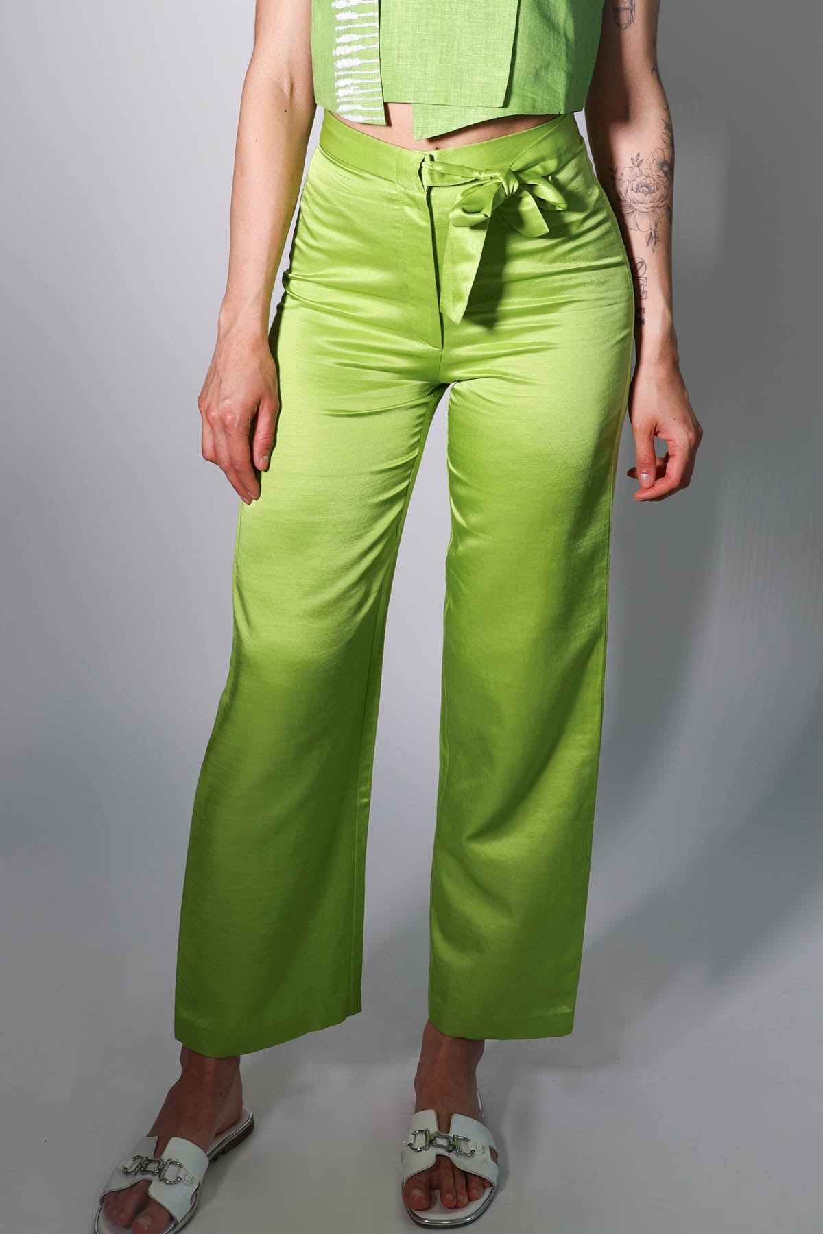 Arya Giri Green Tie-Up Straight Trousers for women online at ScrollnShops