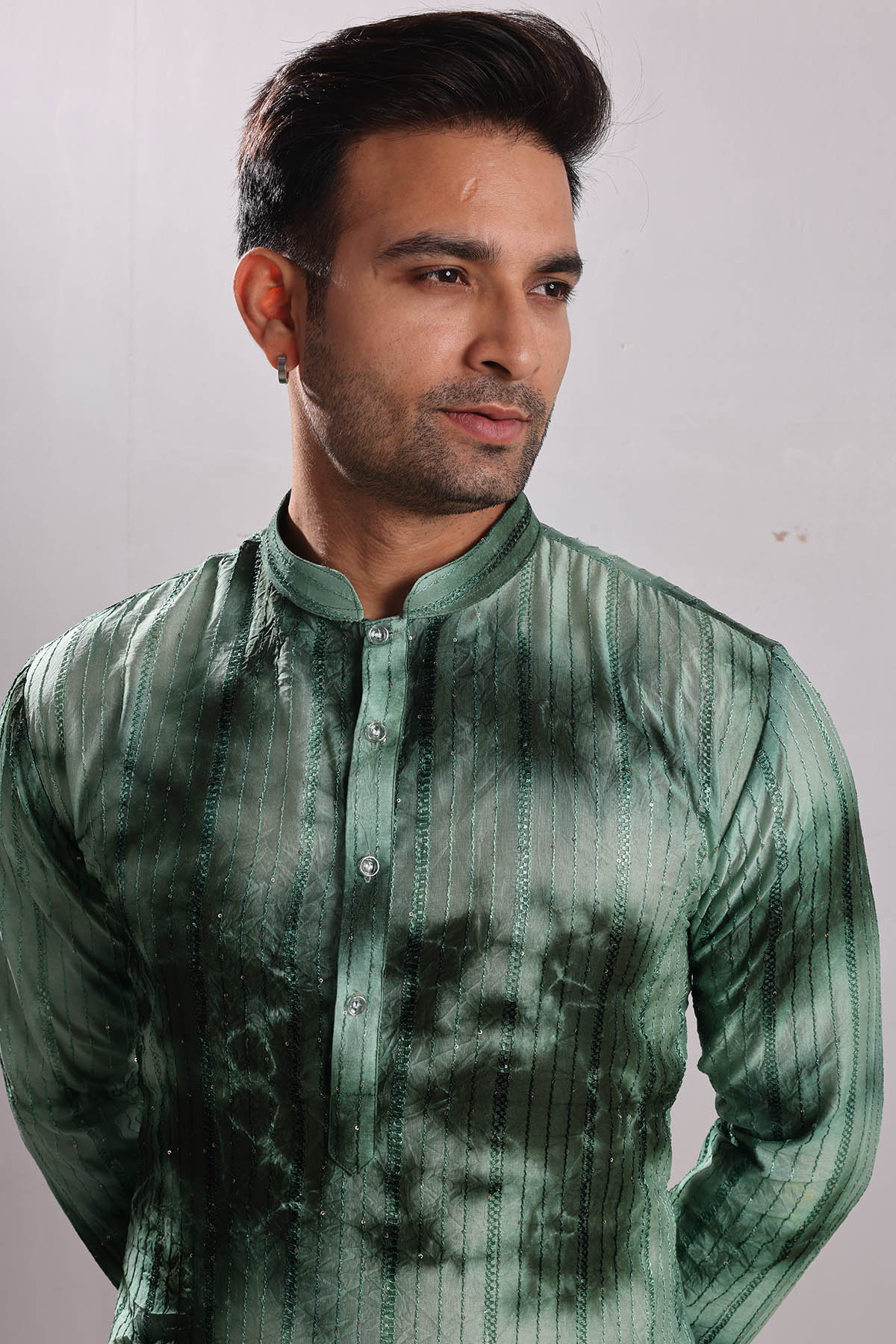 Green Tie Dye Embroidered Kurta