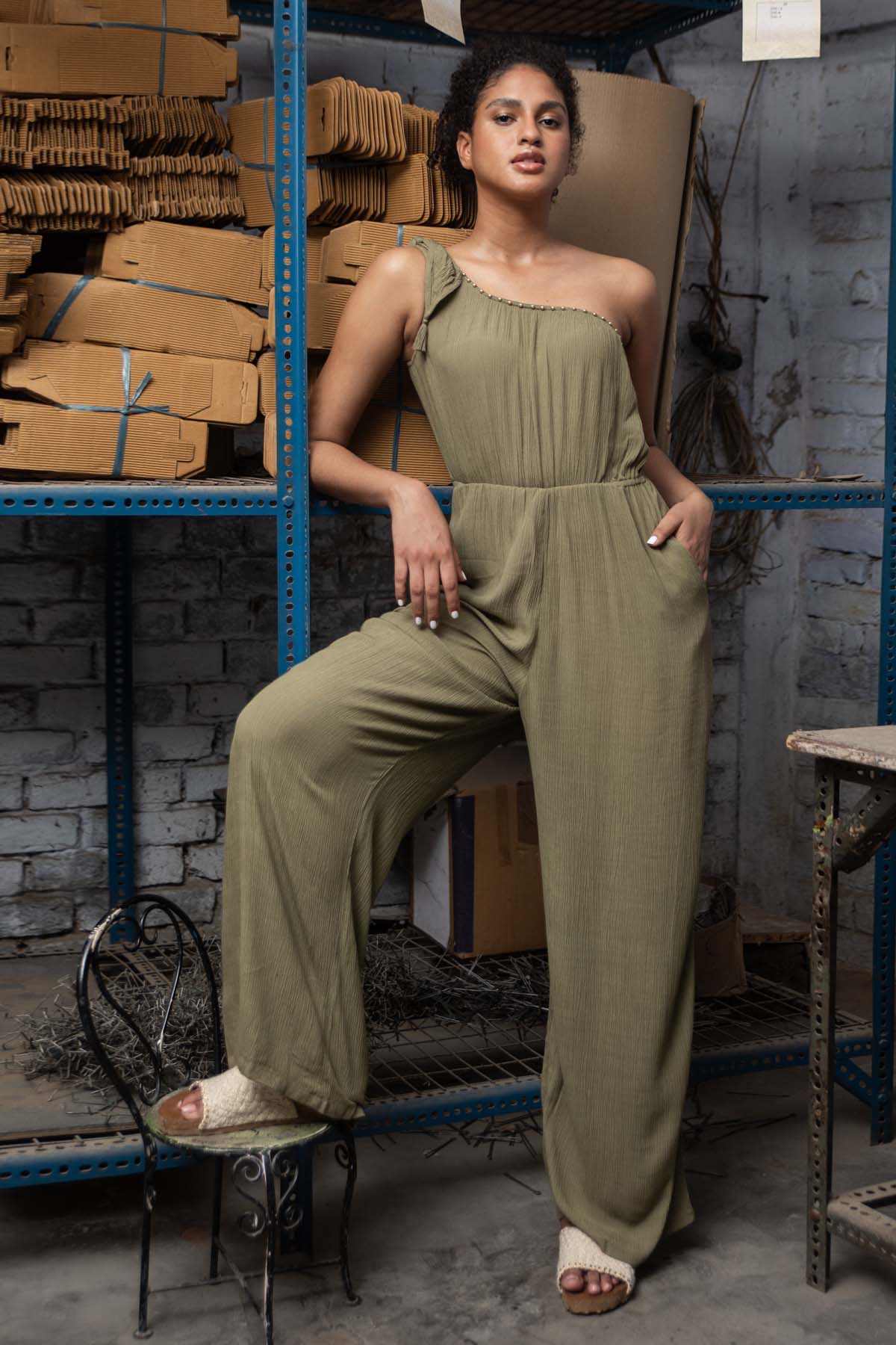 Buy Green Tie Up Shoulder Jumpsuit By Beachbum Online