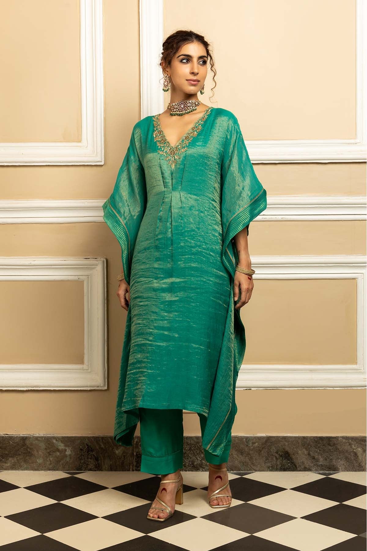 Buy Green Tissue Chanderi Kaftan Set by Dohr India for women online at ScrollnShops