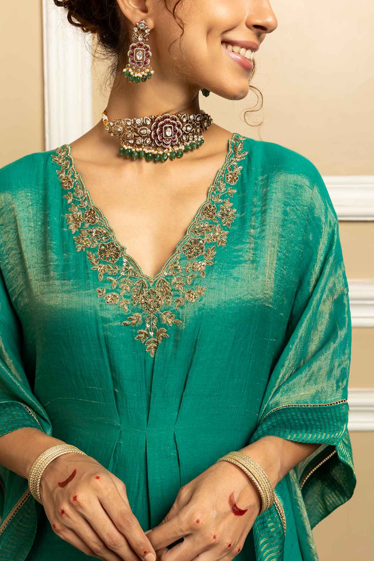 Green Tissue Chanderi Kaftan Set