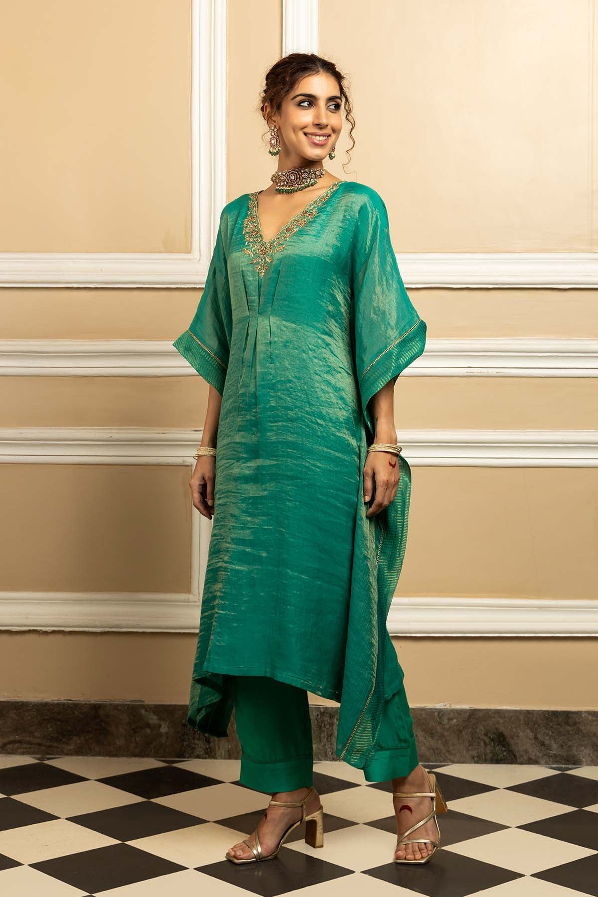 Green Tissue Chanderi Kaftan Set