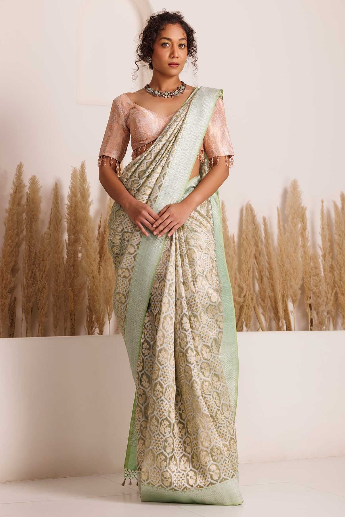 Chhaya Mehrotra Green Tissue Net Saree & Blouse for women online at ScrollnShops